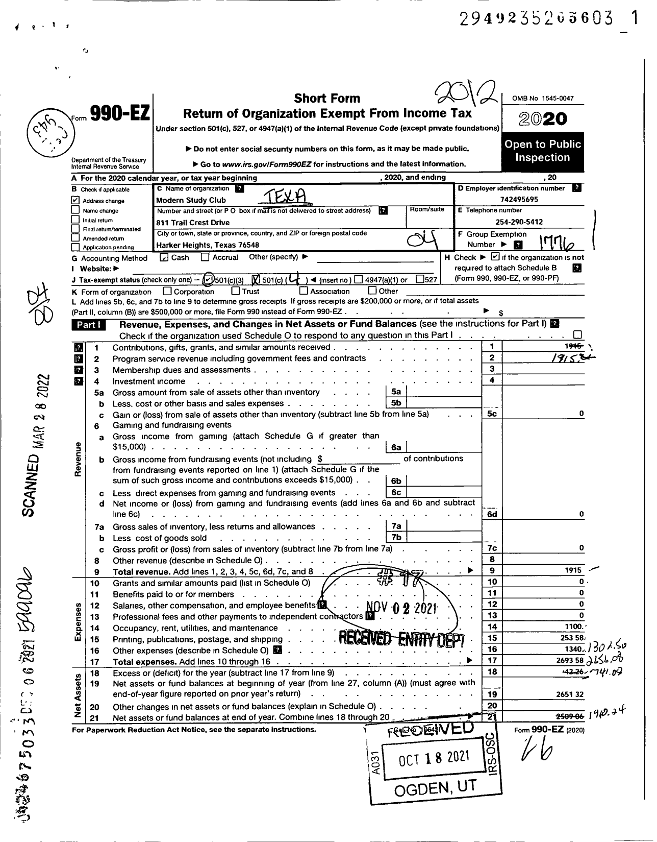 Image of first page of 2020 Form 990EO for Texas Federation of Womens Clubs / Modern Study Club