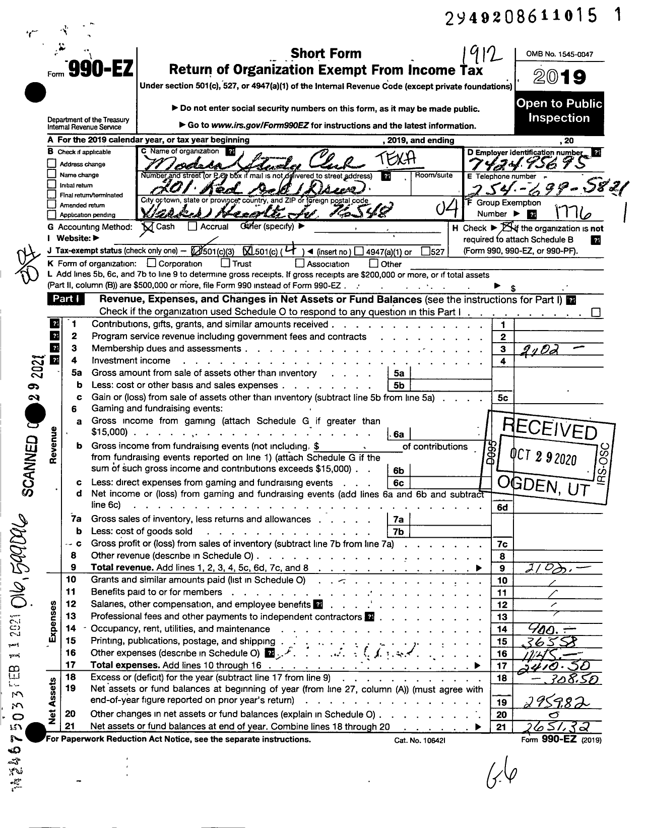 Image of first page of 2019 Form 990EO for Texas Federation of Womens Clubs / Modern Study Club