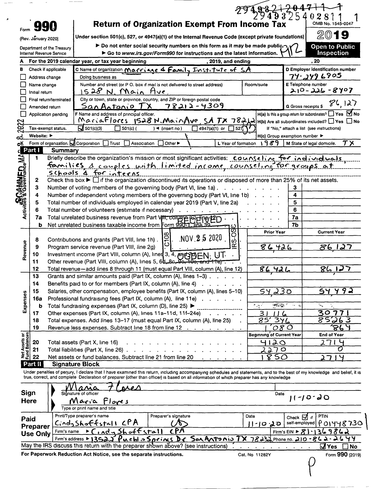 Image of first page of 2019 Form 990 for Marriage and Family Institute