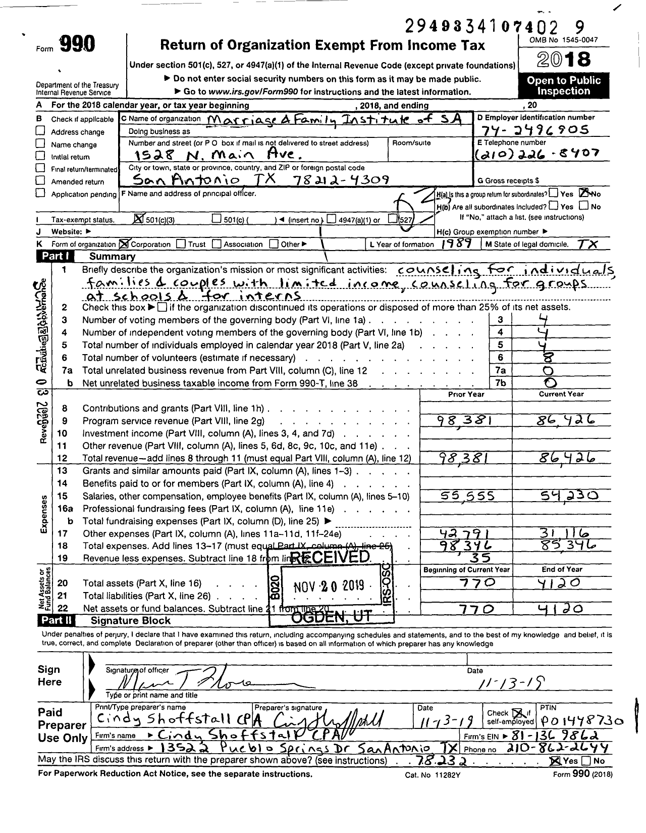 Image of first page of 2018 Form 990 for Marriage and Family Institute