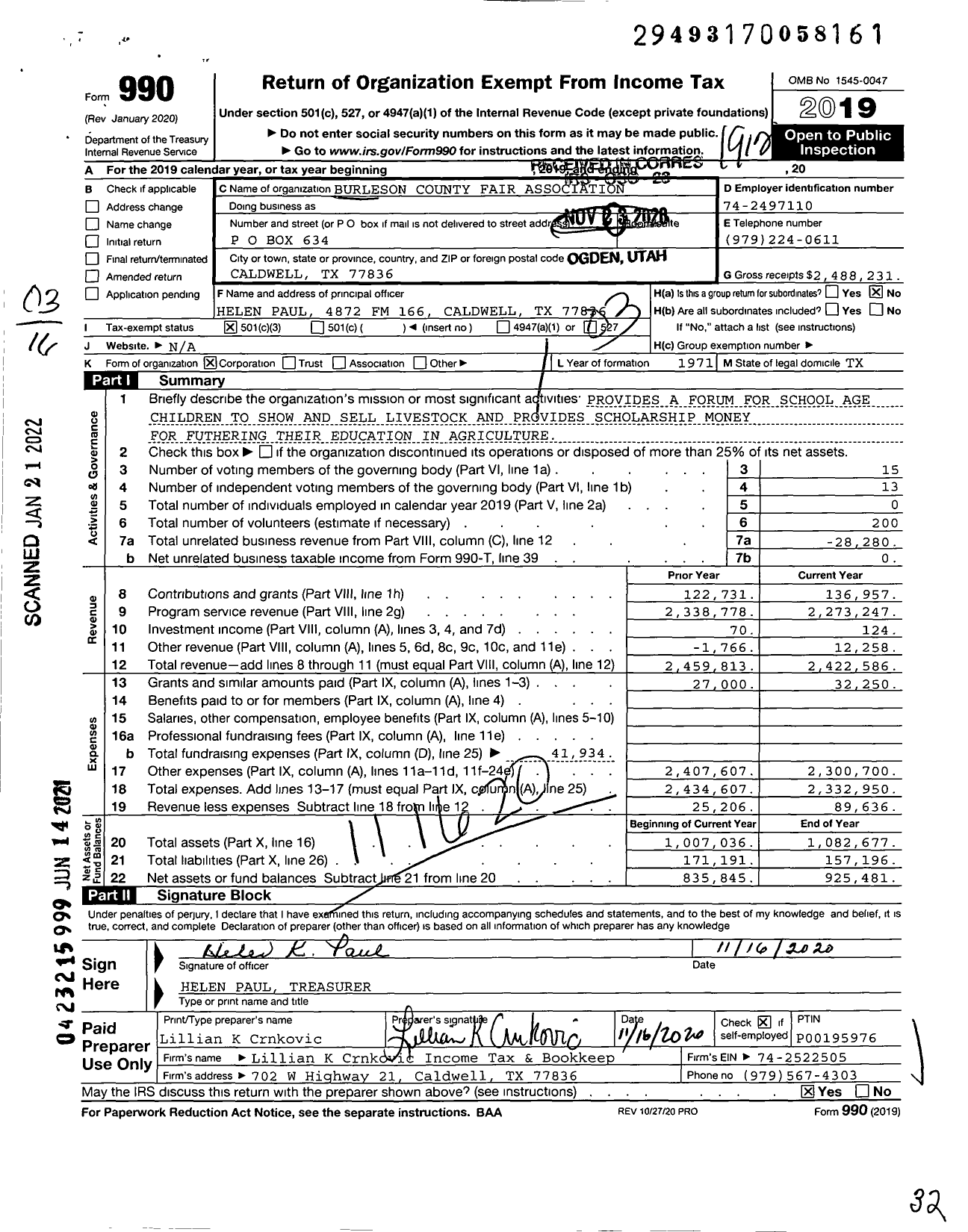 Image of first page of 2019 Form 990 for Burleson County Fair Association