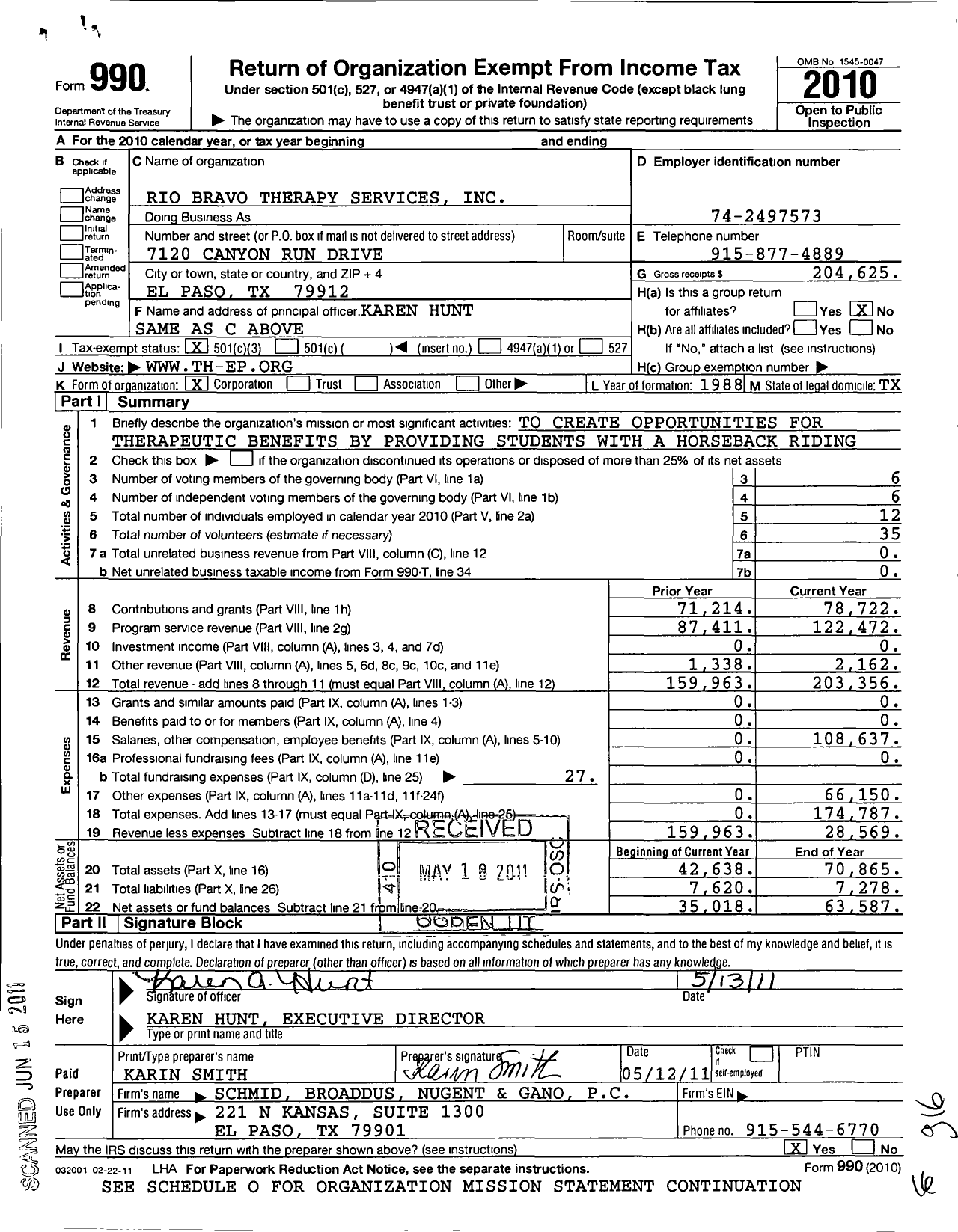 Image of first page of 2010 Form 990 for Rio Bravo Therapy Services