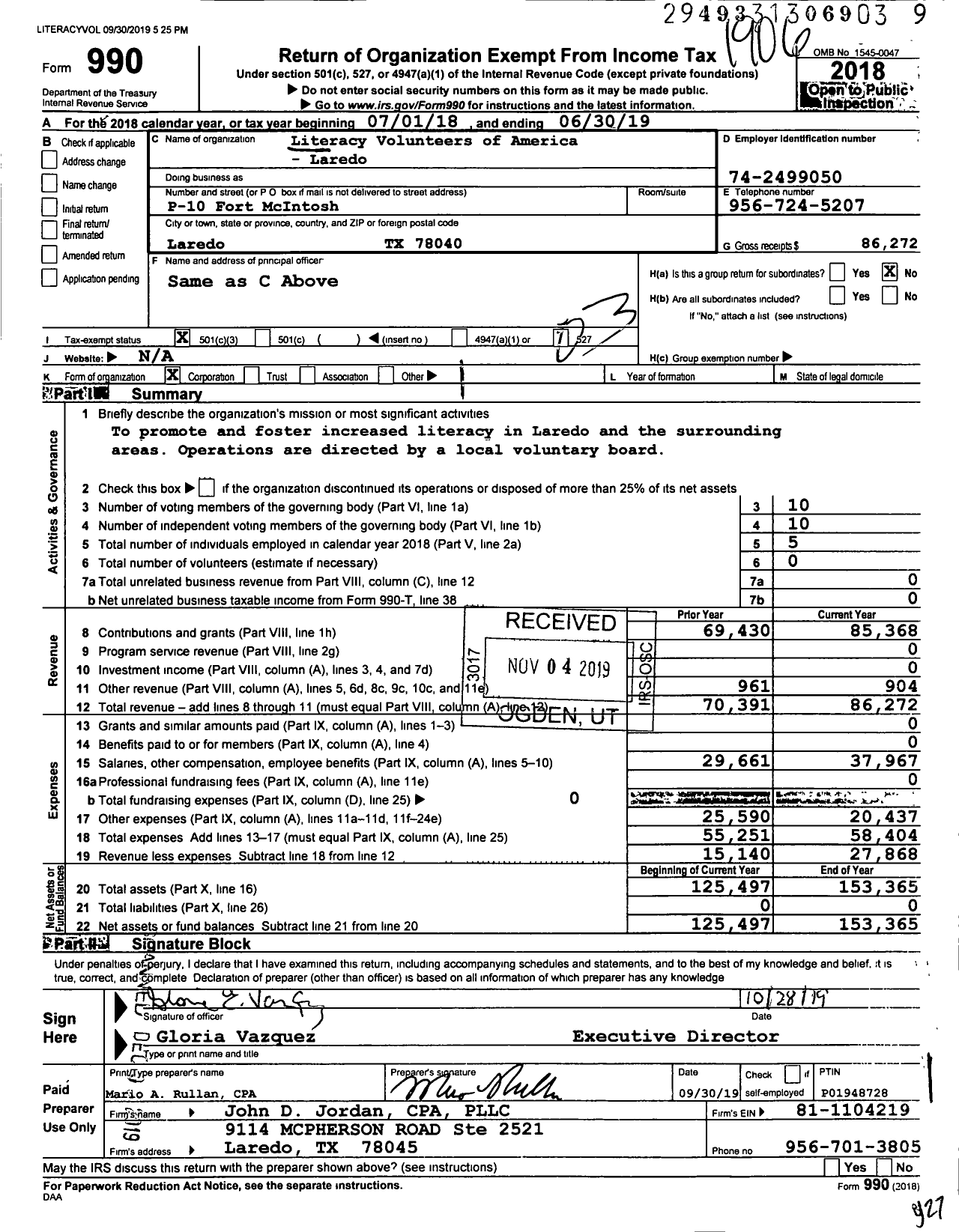 Image of first page of 2018 Form 990 for Literacy Volunteers of America - Laredo