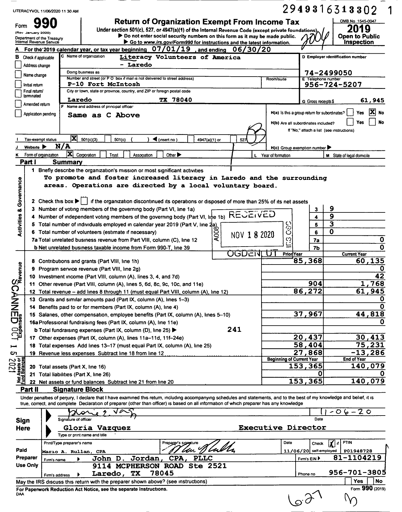 Image of first page of 2019 Form 990 for Literacy Volunteers of America - Laredo