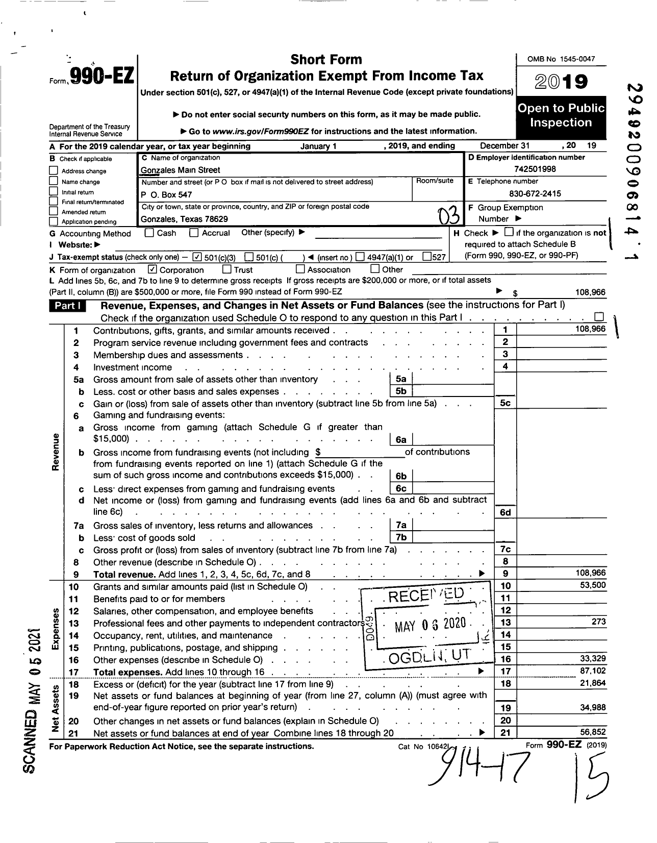 Image of first page of 2019 Form 990EZ for Gonzales Main Street