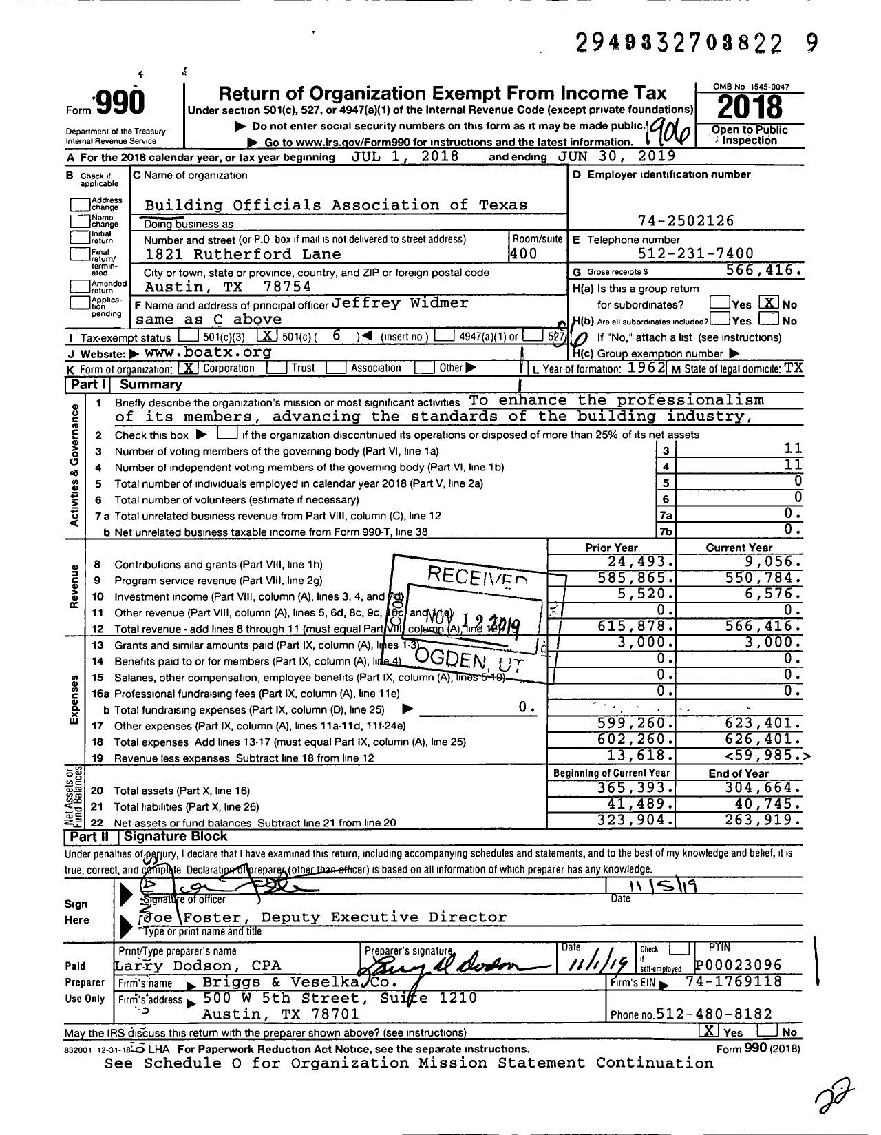 Image of first page of 2018 Form 990O for Building Officials Association of Texas