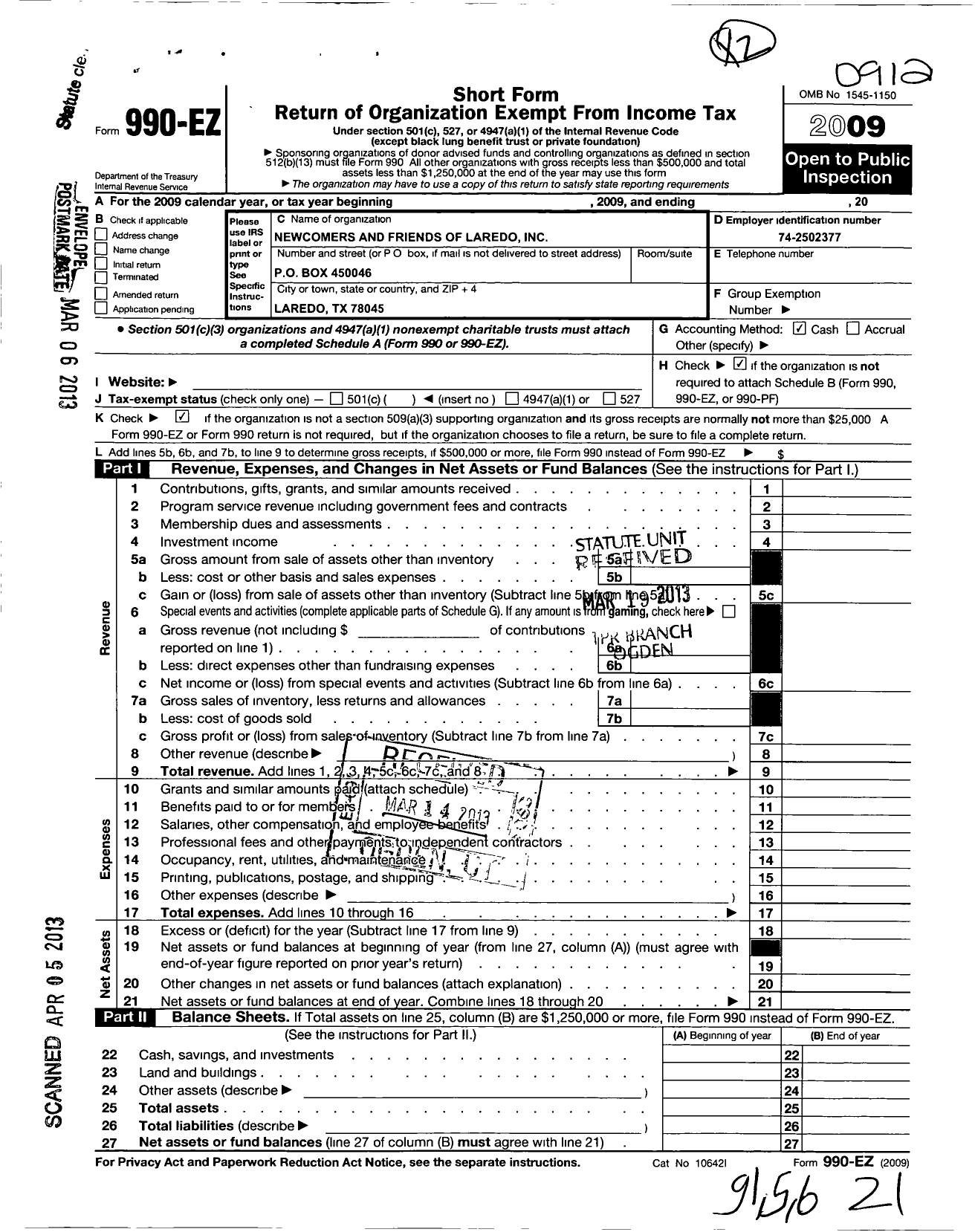 Image of first page of 2009 Form 990EO for Newcomers and Friends of Laredo