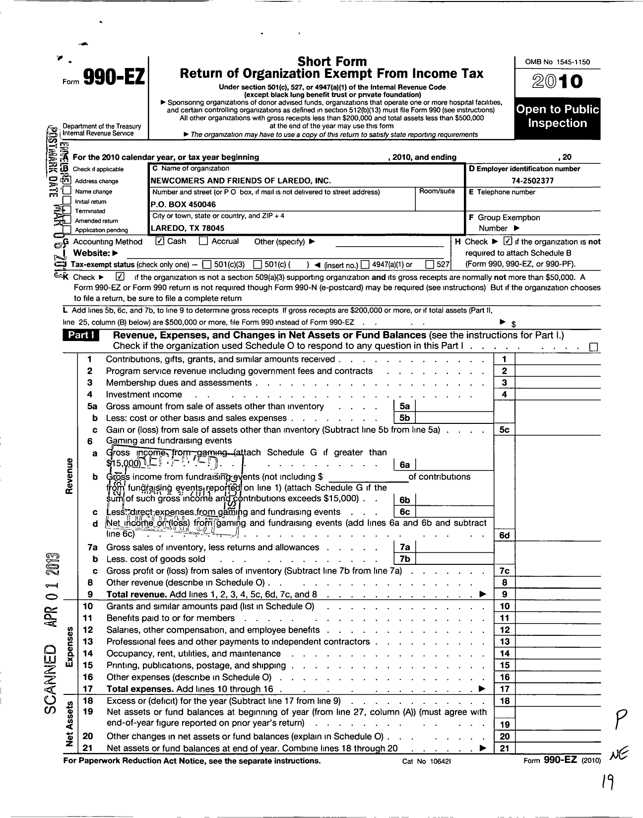 Image of first page of 2010 Form 990EO for Newcomers and Friends of Laredo