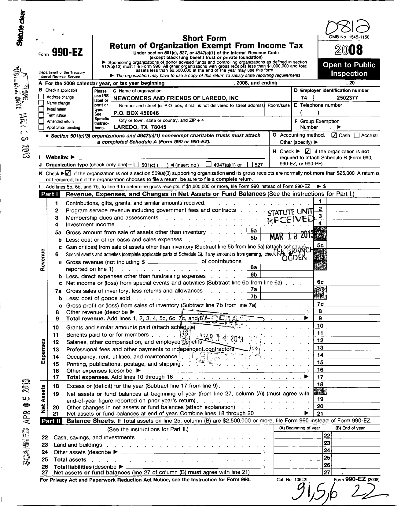 Image of first page of 2008 Form 990EO for Newcomers and Friends of Laredo