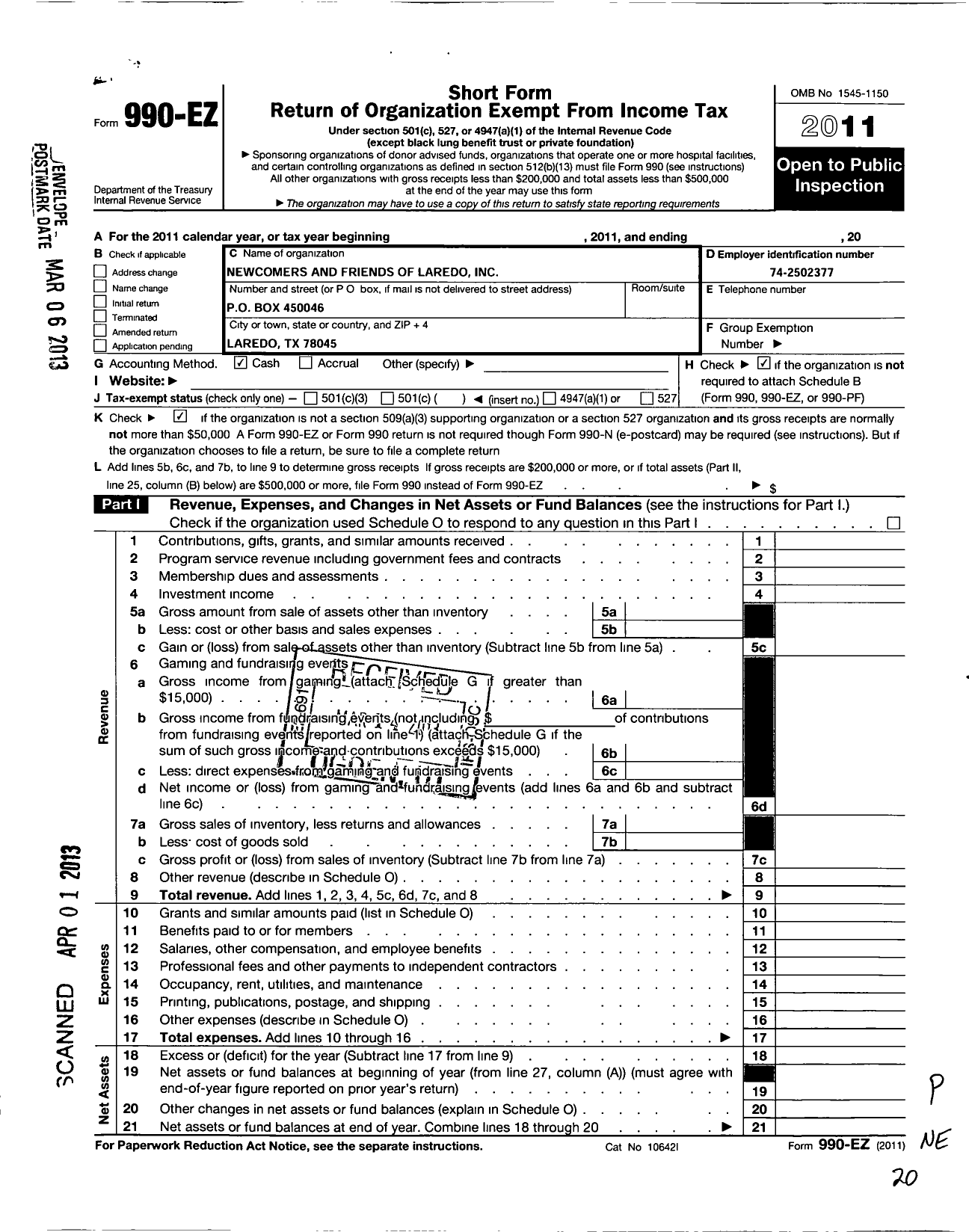 Image of first page of 2011 Form 990EO for Newcomers and Friends of Laredo