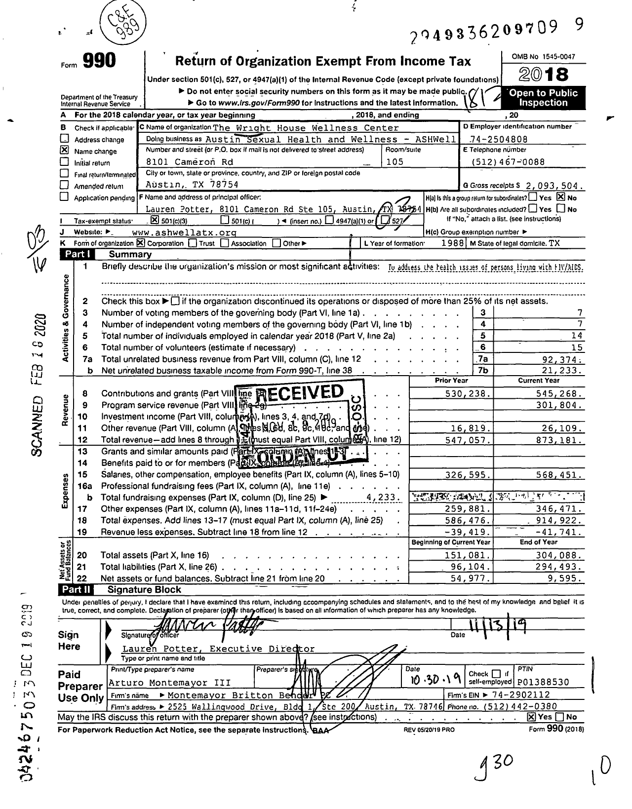 2018 Form 990 for Austin Sexual Health and Wellness ASHWell Cause IQ