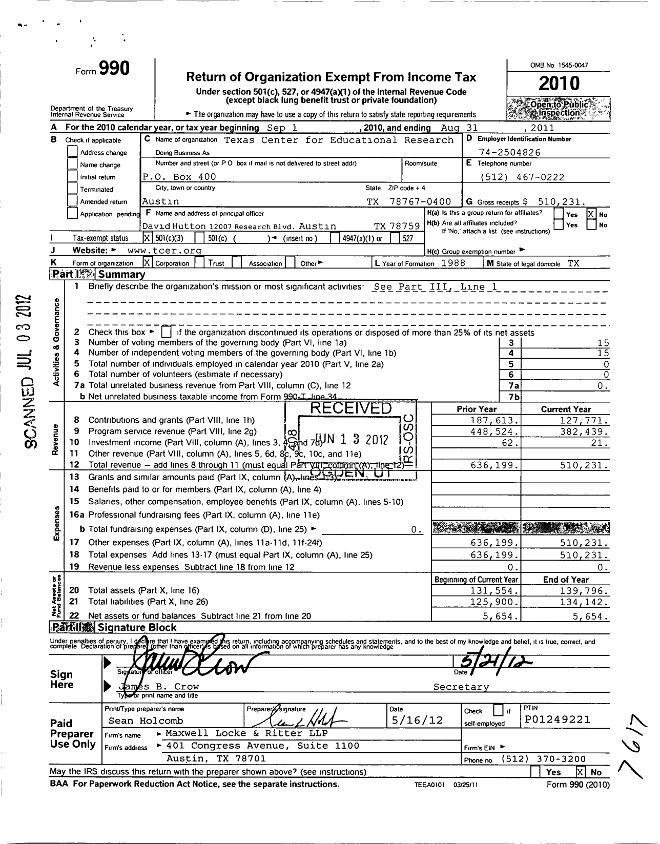 Image of first page of 2010 Form 990 for Texas Center for Educational Research