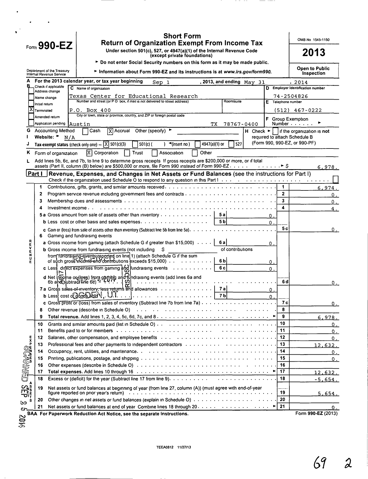 Image of first page of 2013 Form 990EZ for Texas Center for Educational Research