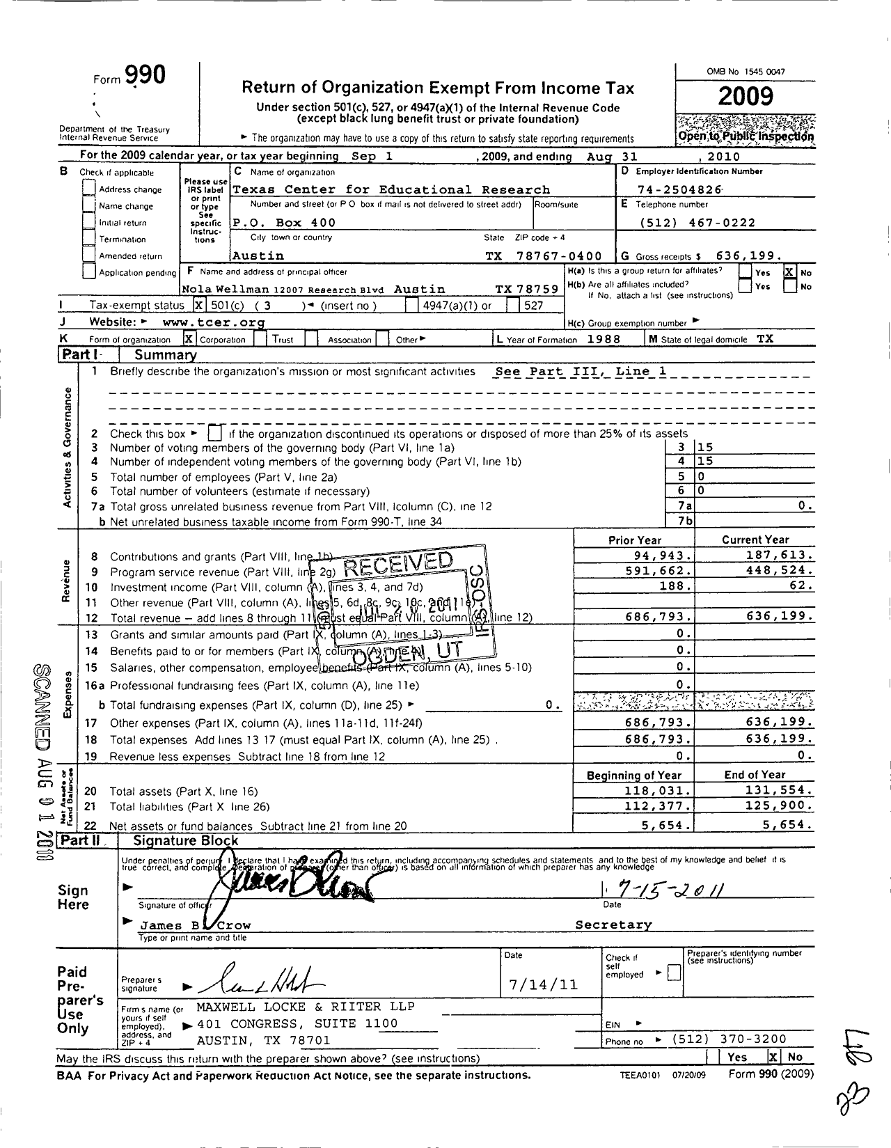 Image of first page of 2009 Form 990 for Texas Center for Educational Research