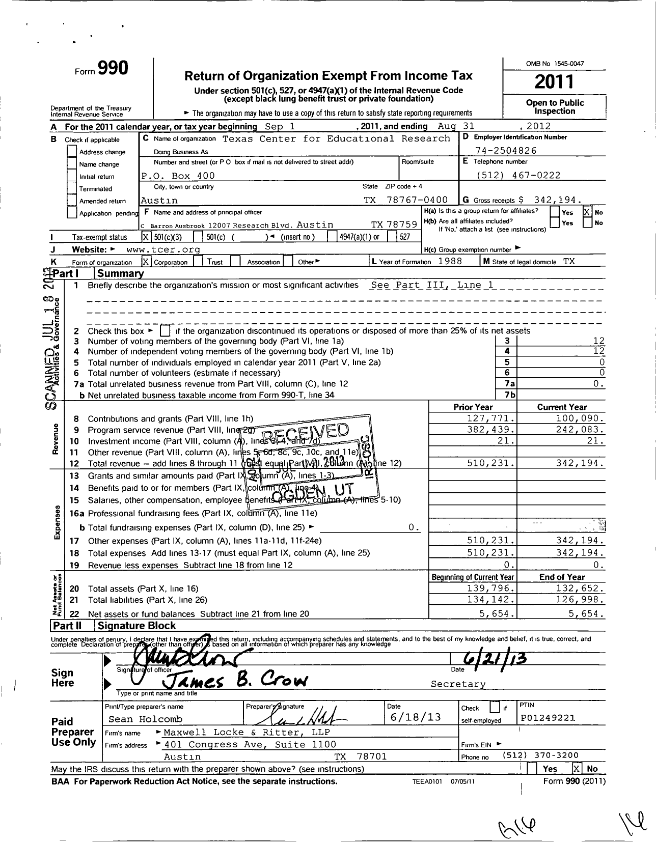 Image of first page of 2011 Form 990 for Texas Center for Educational Research