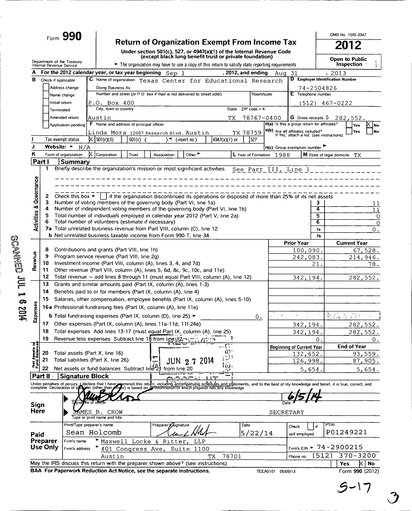 Image of first page of 2012 Form 990 for Texas Center for Educational Research