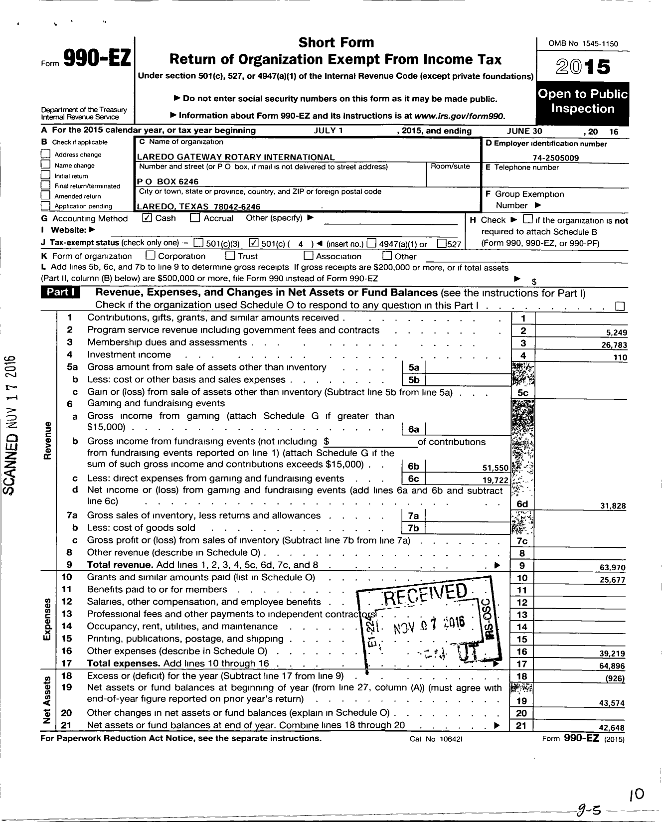 Image of first page of 2015 Form 990EO for Laredo Gateway ROTARY INTERNATIONAL