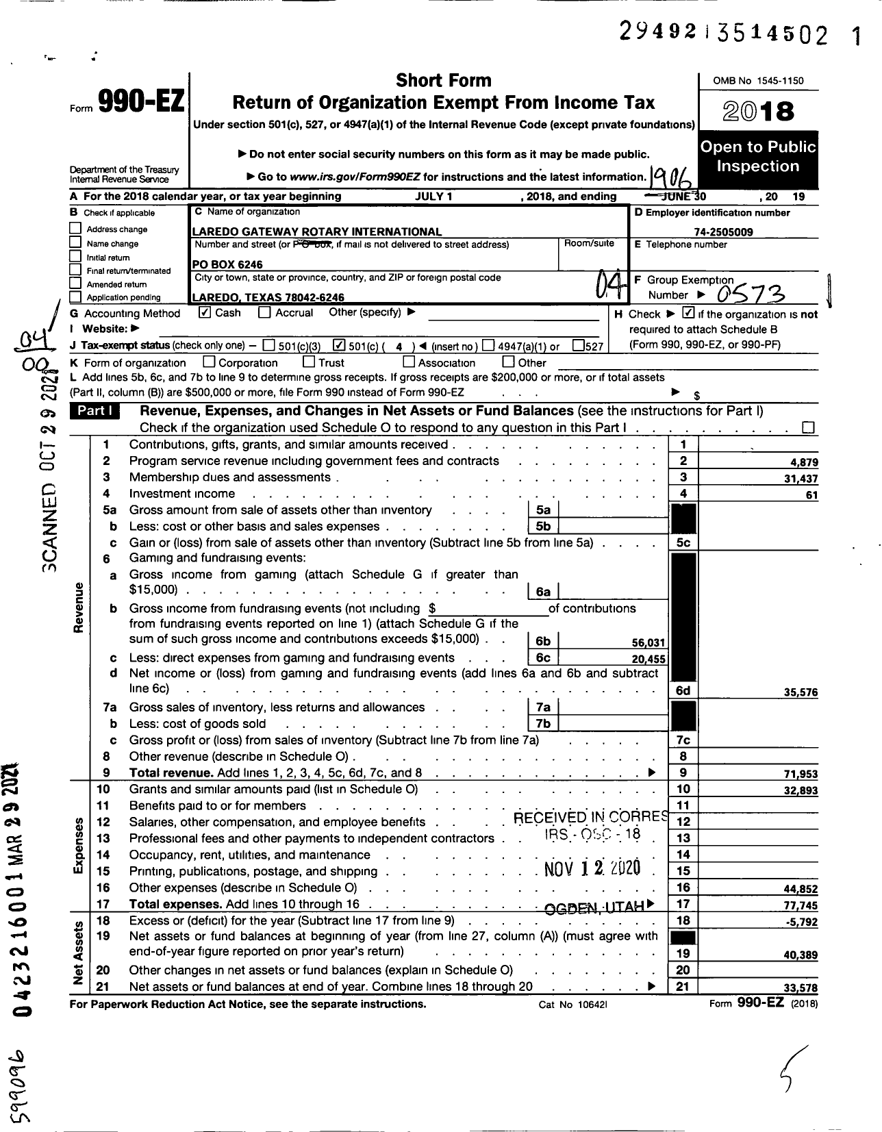 Image of first page of 2018 Form 990EO for ROTARY INTERNATIONAL - Laredo Gateway