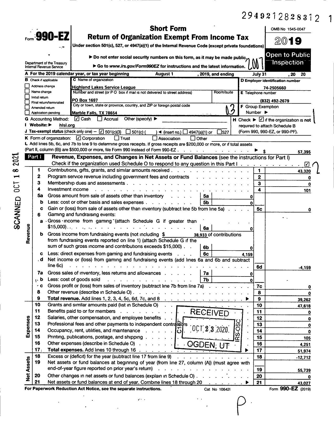 Image of first page of 2019 Form 990EZ for Highland Lakes Service League