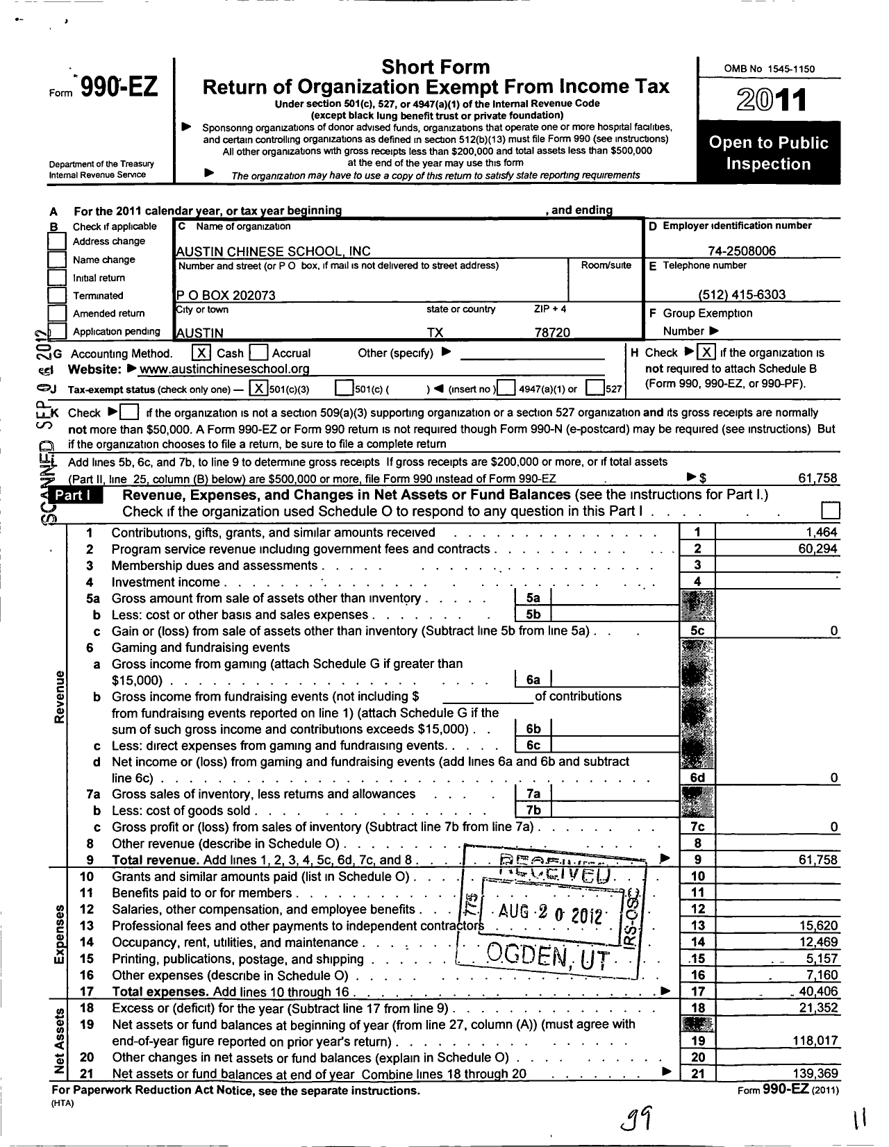 Image of first page of 2011 Form 990EZ for Austin Chinese School