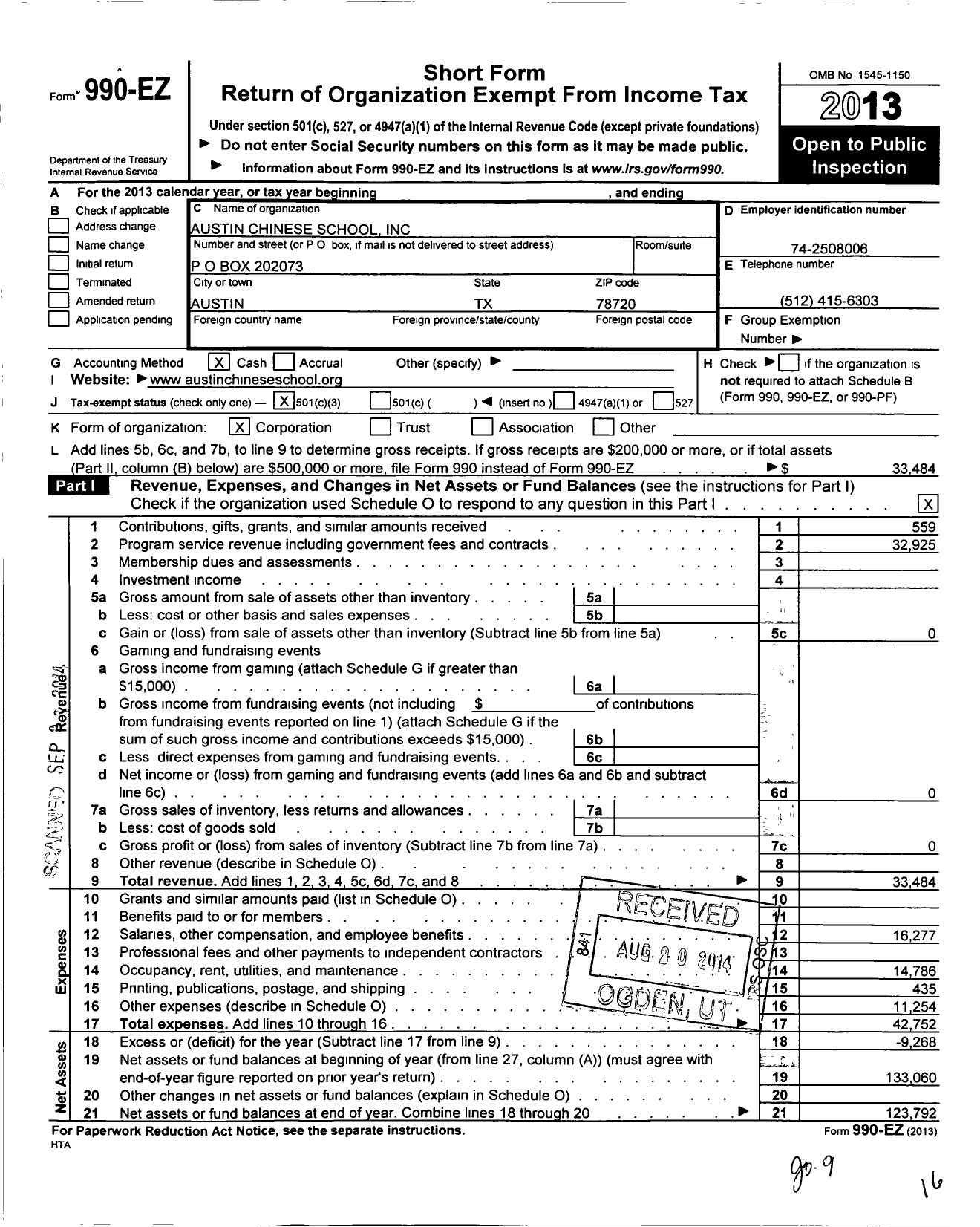 Image of first page of 2013 Form 990EZ for Austin Chinese School