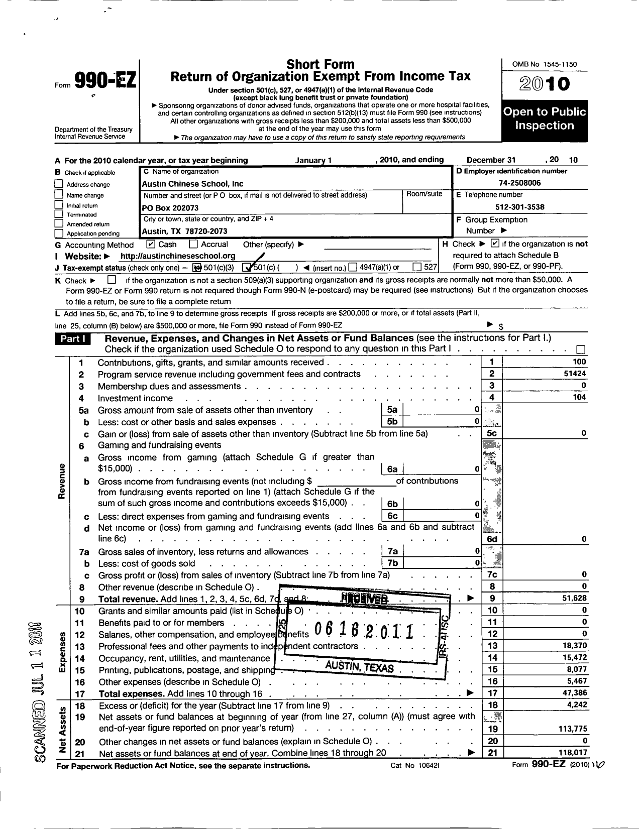 Image of first page of 2010 Form 990EO for Austin Chinese School