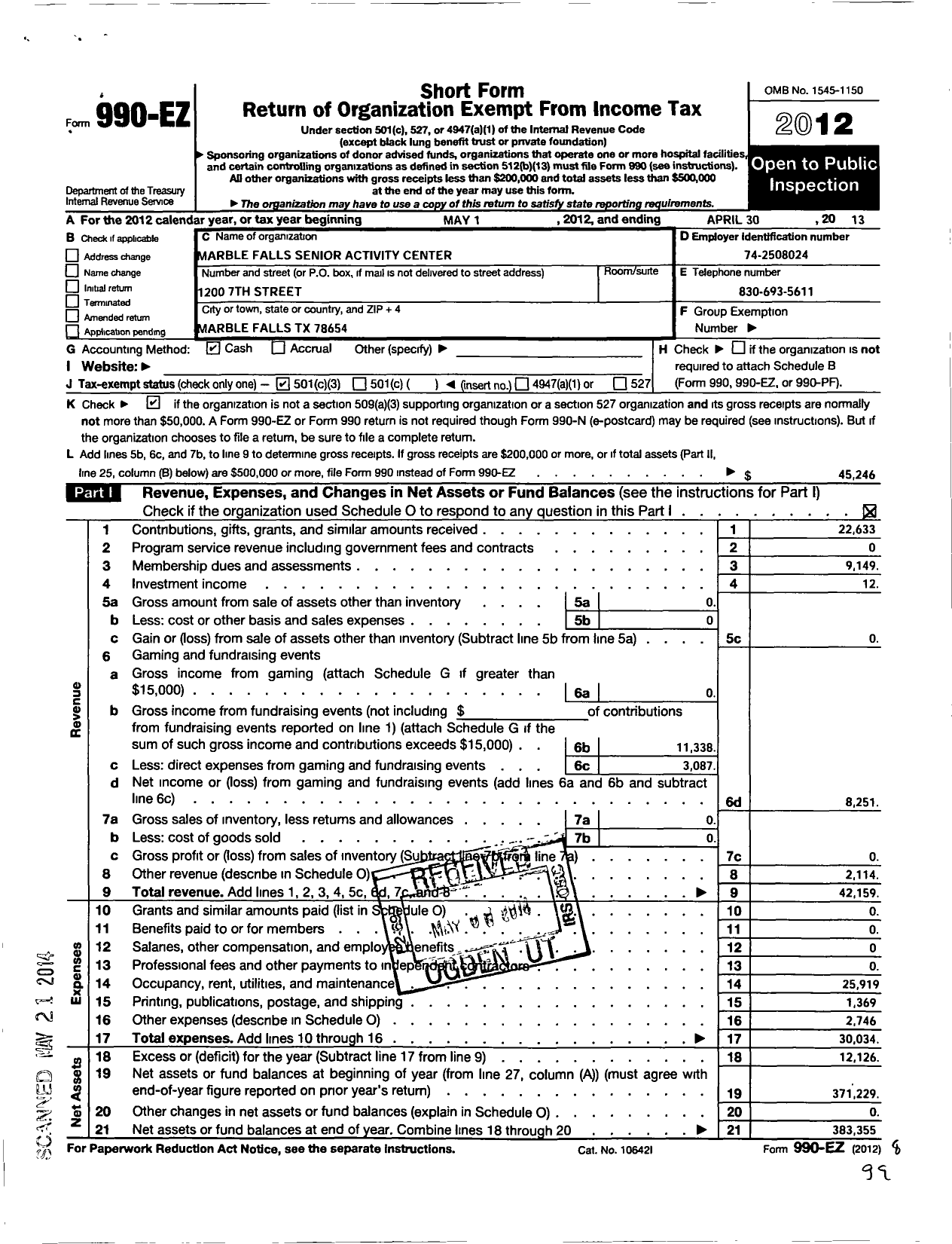 Image of first page of 2012 Form 990EZ for Marble Falls Senior Activity Center
