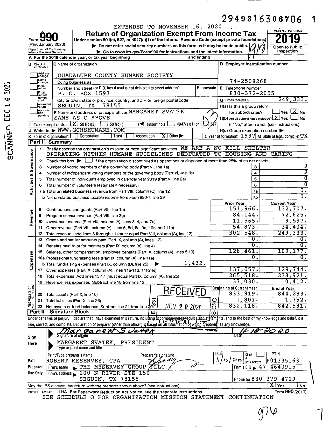 Image of first page of 2019 Form 990 for Guadalupe County Humane Society