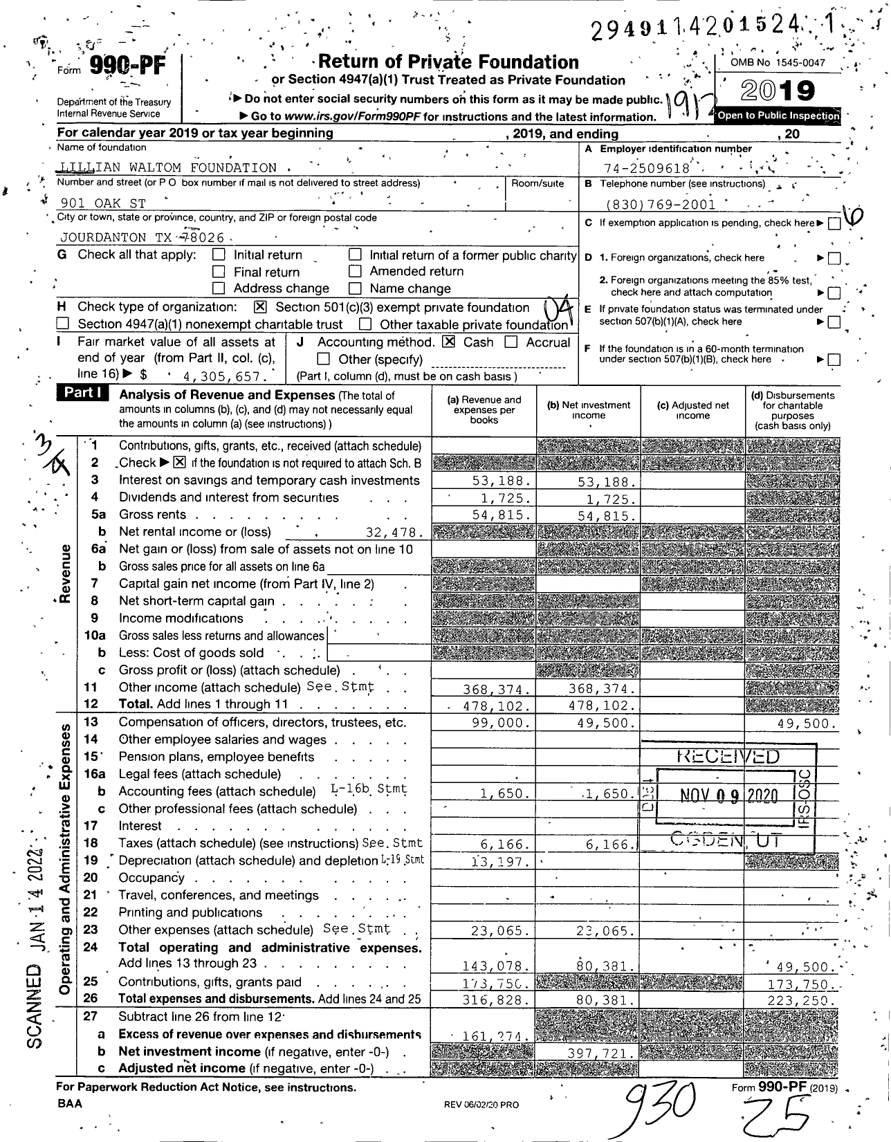 Image of first page of 2019 Form 990PF for Lillian Waltom Foundation