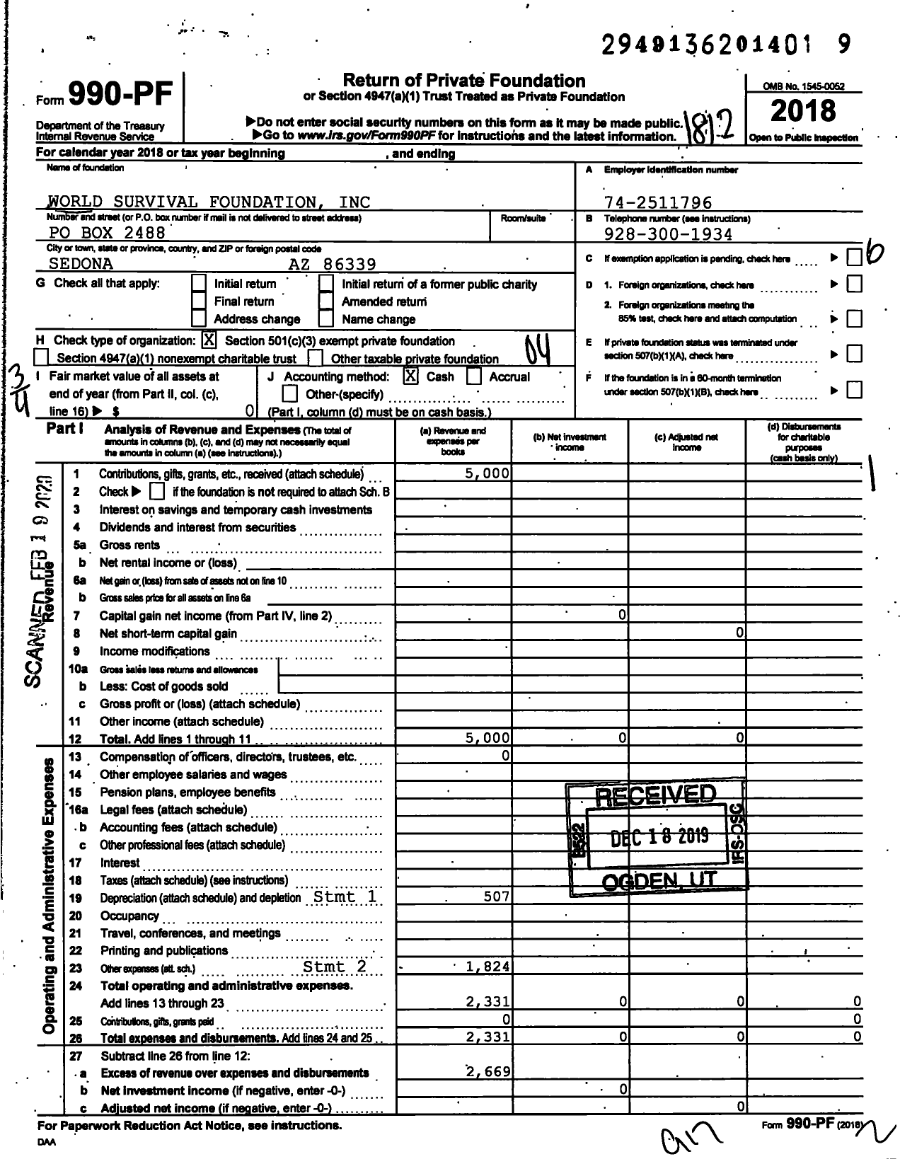 Image of first page of 2018 Form 990PF for World Survival Foundation