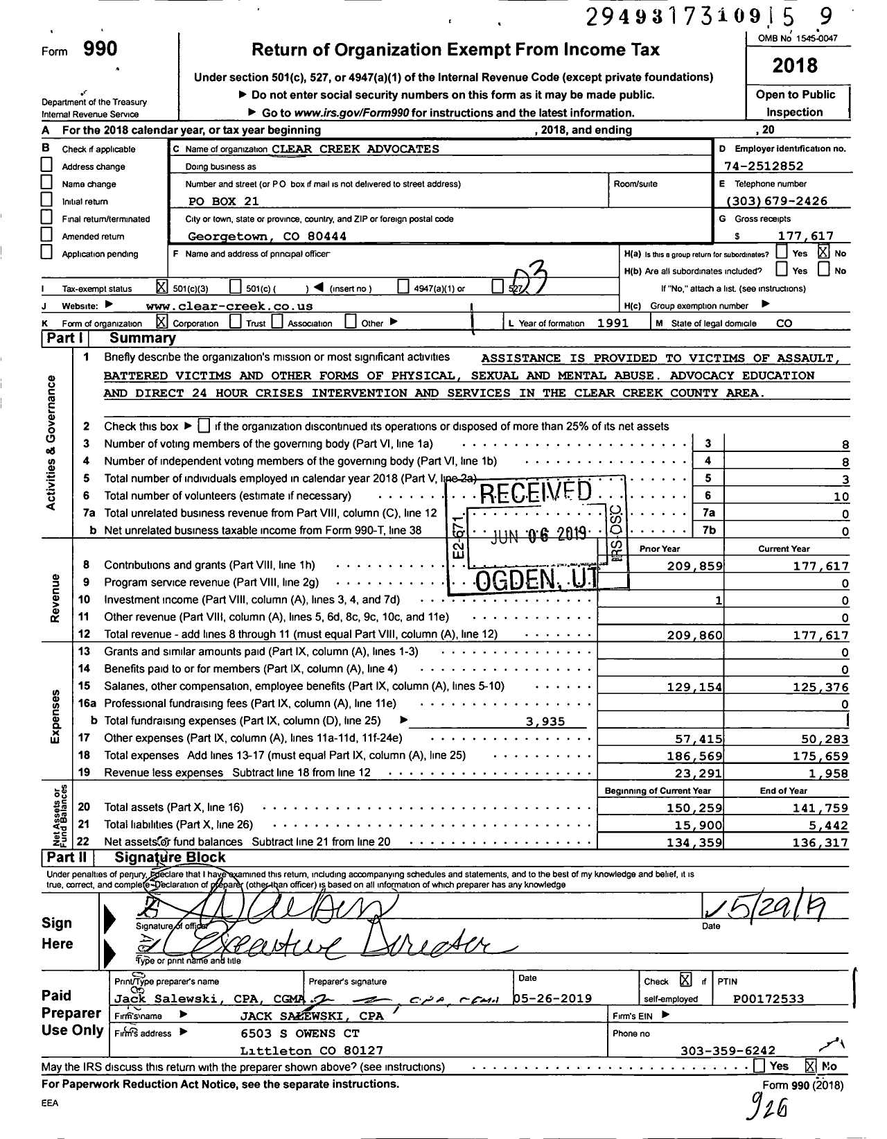 Image of first page of 2018 Form 990 for Clear Creek County Advocates