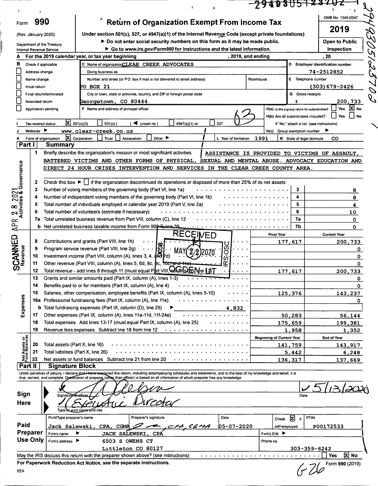 Image of first page of 2019 Form 990 for Clear Creek County Advocates