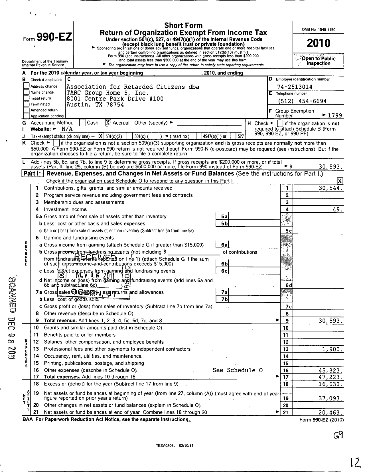 Image of first page of 2010 Form 990EZ for The Arc of Texas - 5 Tarc Group Home