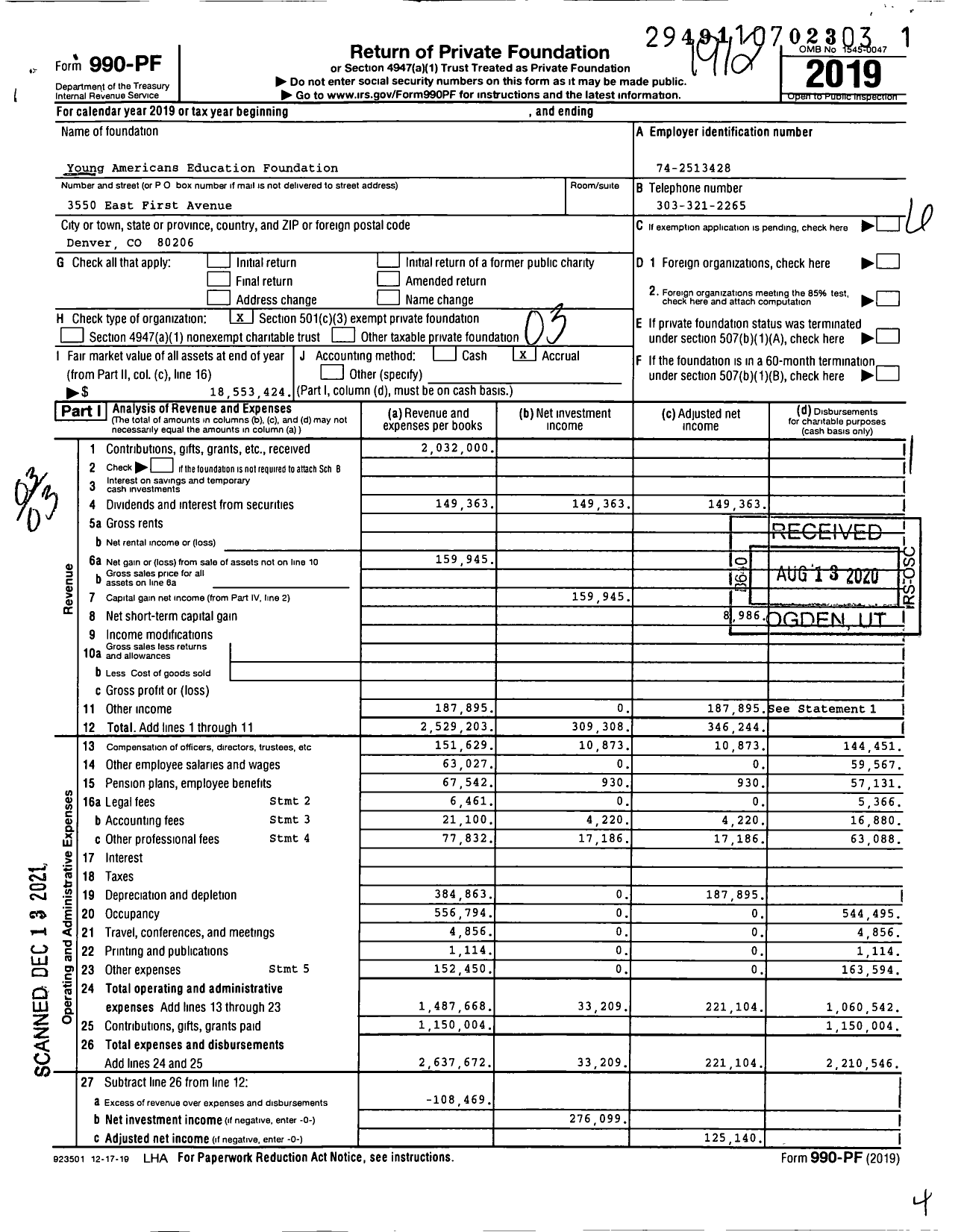 Image of first page of 2019 Form 990PF for Young Americans Center for Financial Education