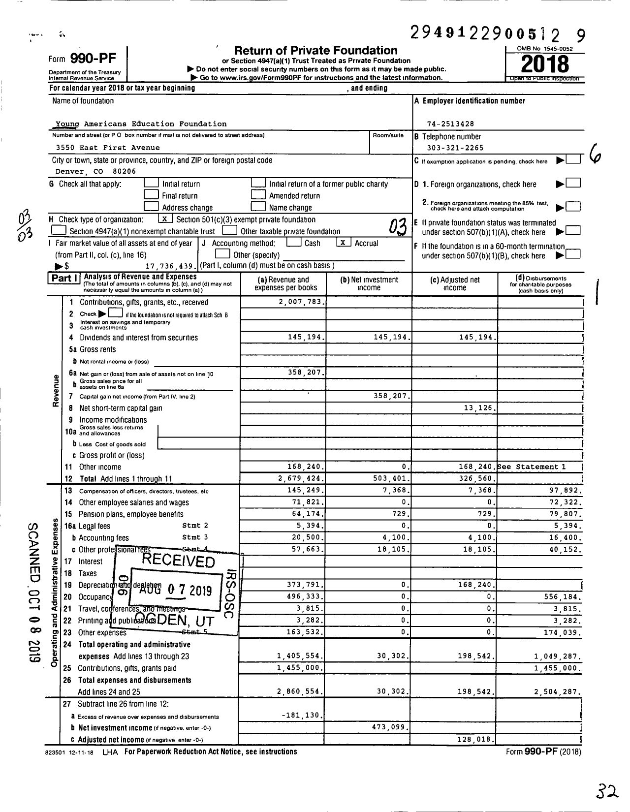 Image of first page of 2018 Form 990PF for Young Americans Center for Financial Education