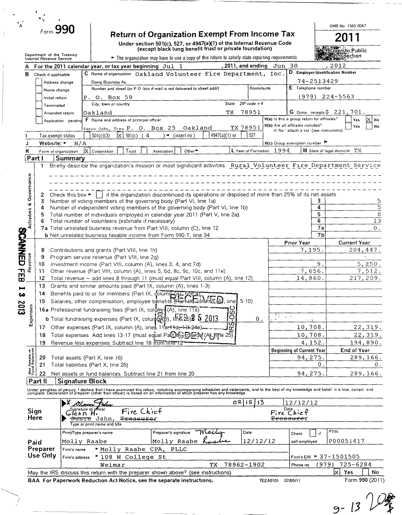 Image of first page of 2011 Form 990O for Oakland Volunteer Fire Department