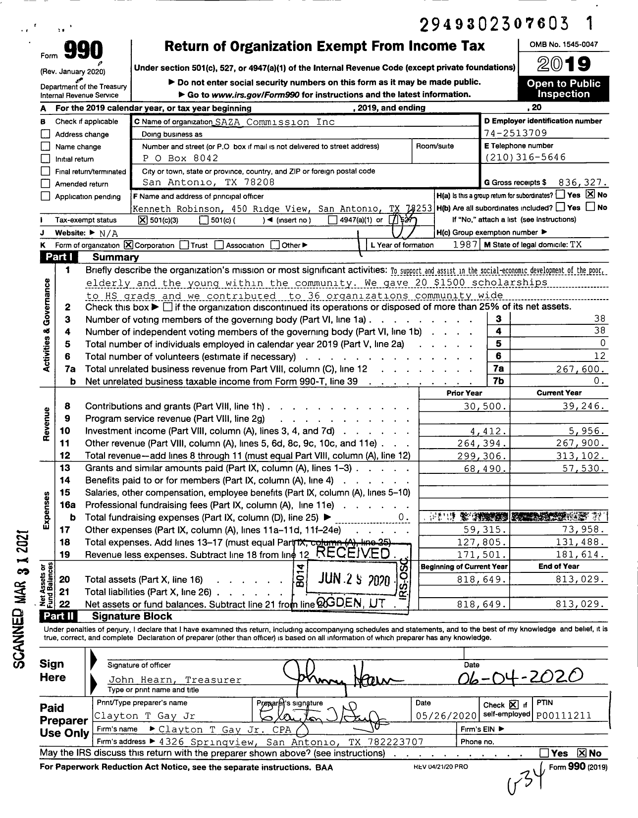 Image of first page of 2019 Form 990 for SAZA Commission