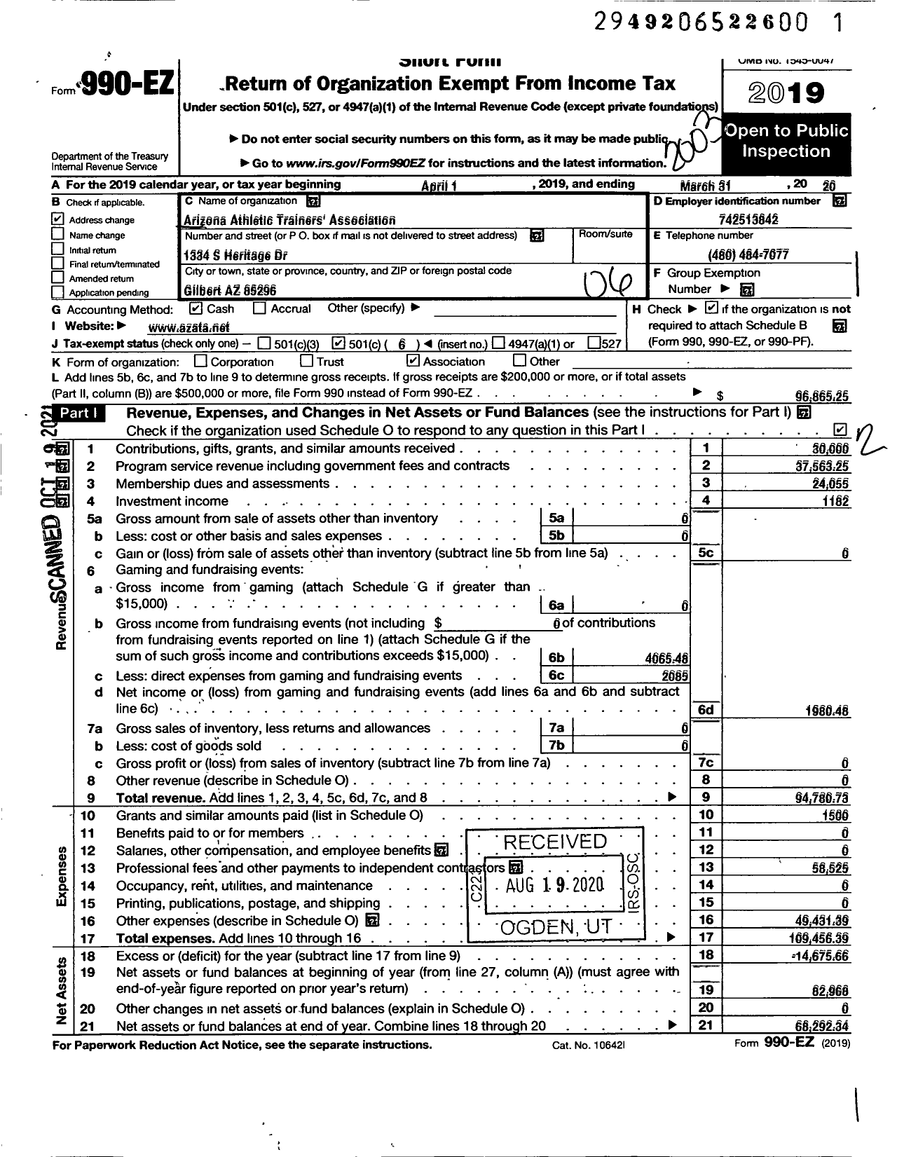 Image of first page of 2019 Form 990EO for Arizona Athletic Trainers Association