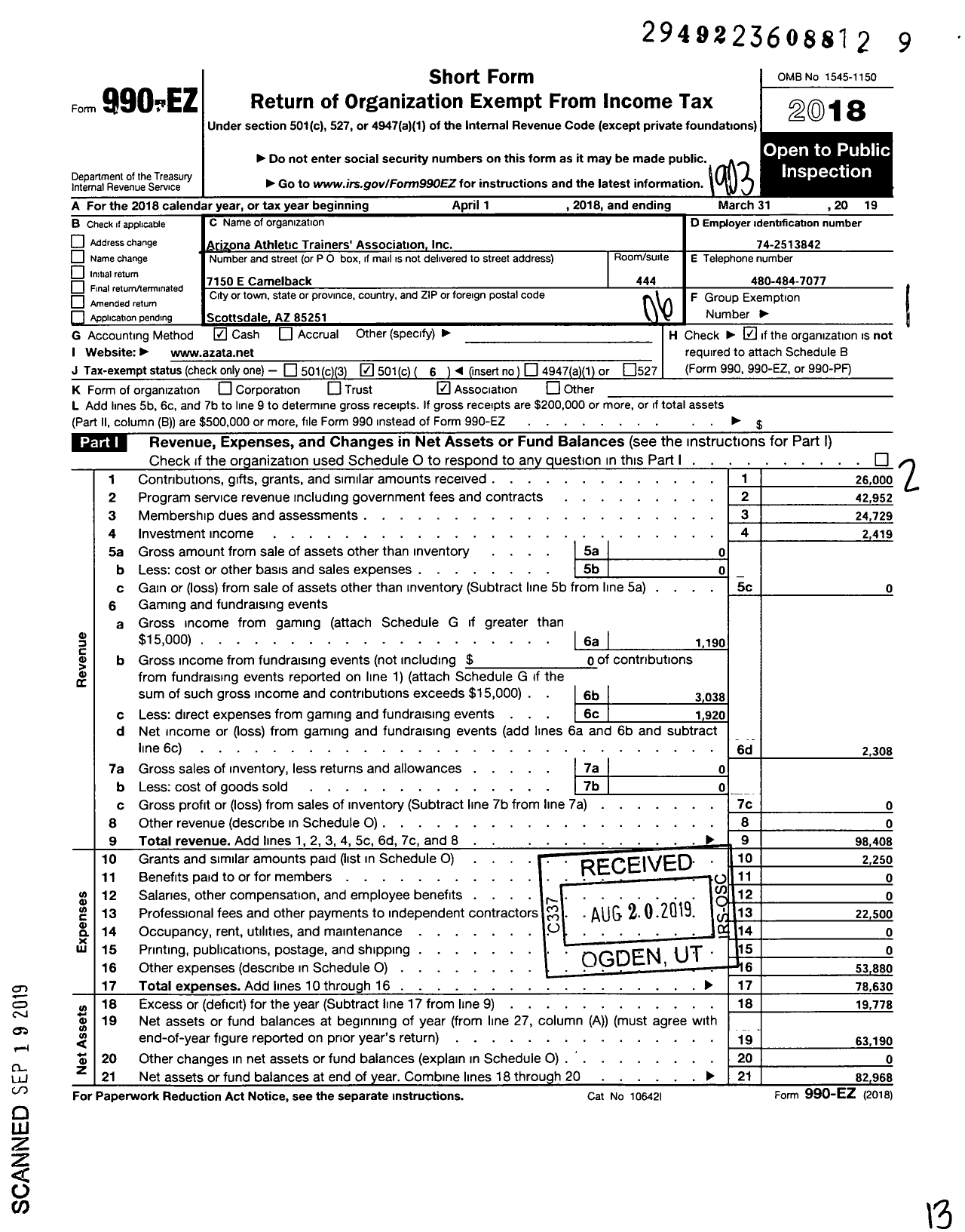 Image of first page of 2018 Form 990EO for Arizona Athletic Trainers Association