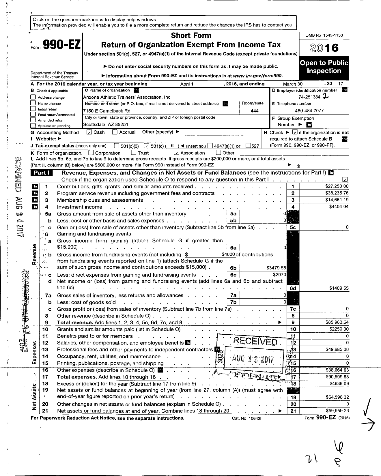 Image of first page of 2016 Form 990EO for Arizona Athletic Trainers Association