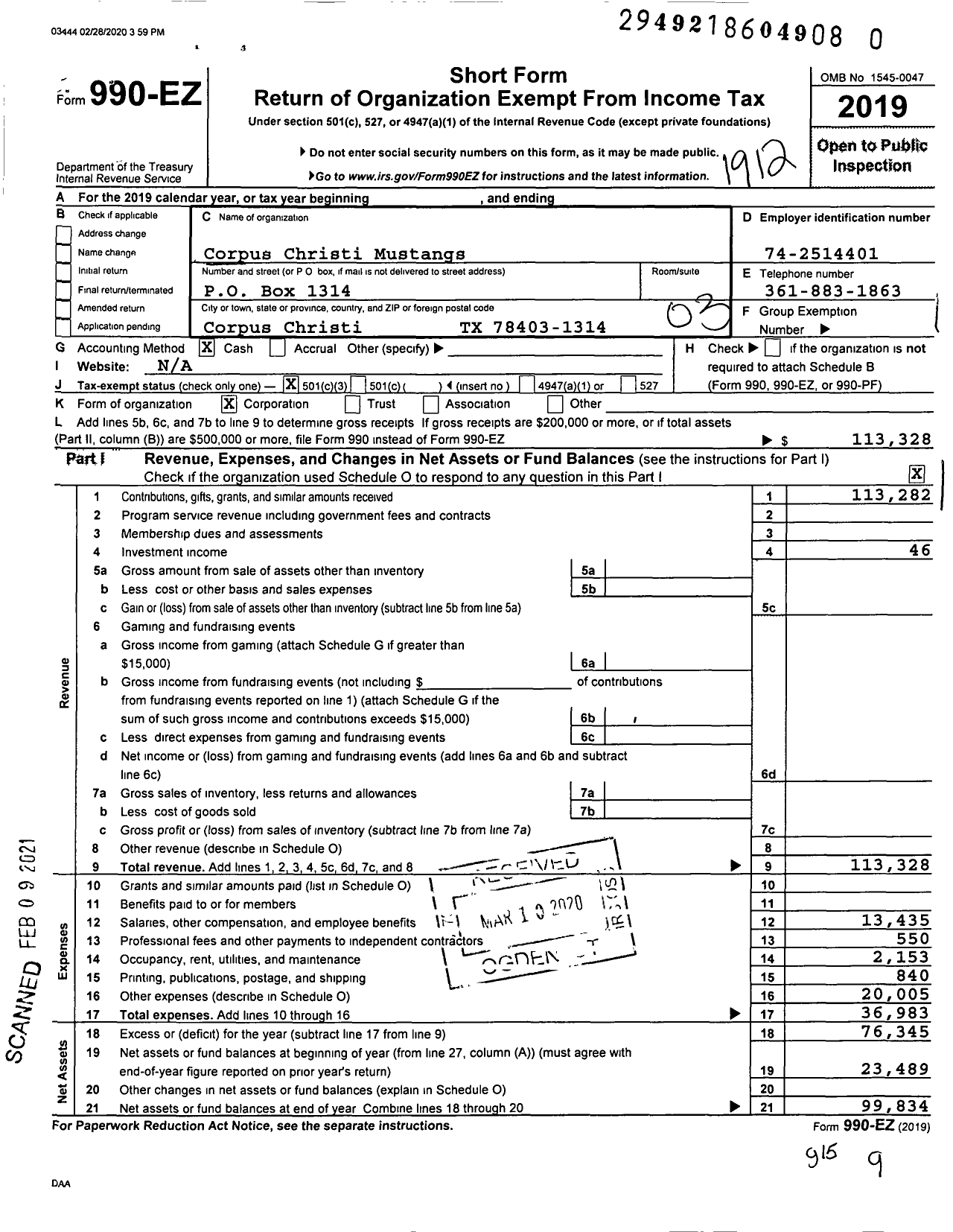 Image of first page of 2019 Form 990EZ for Corpus Christi Mustangs