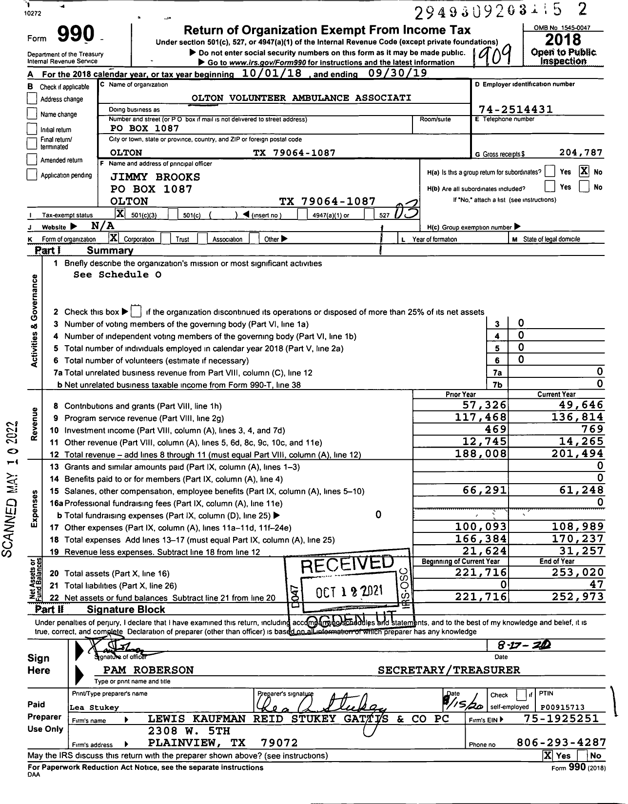 Image of first page of 2018 Form 990 for Olton Volunteer Ambulance Association