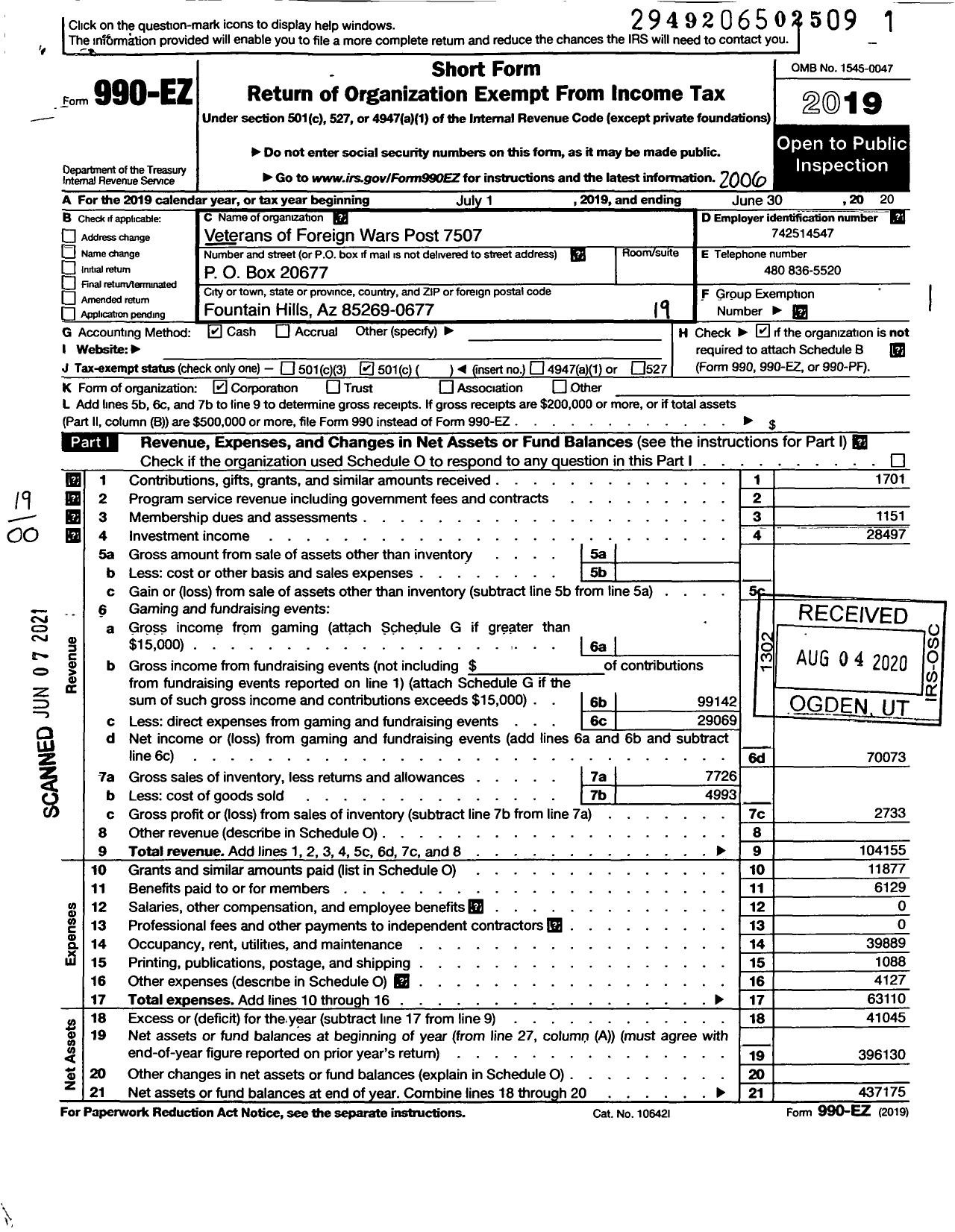 Image of first page of 2019 Form 990EO for Veterans of Foreign Wars of Arizona - 7507 Fountain Hills Post