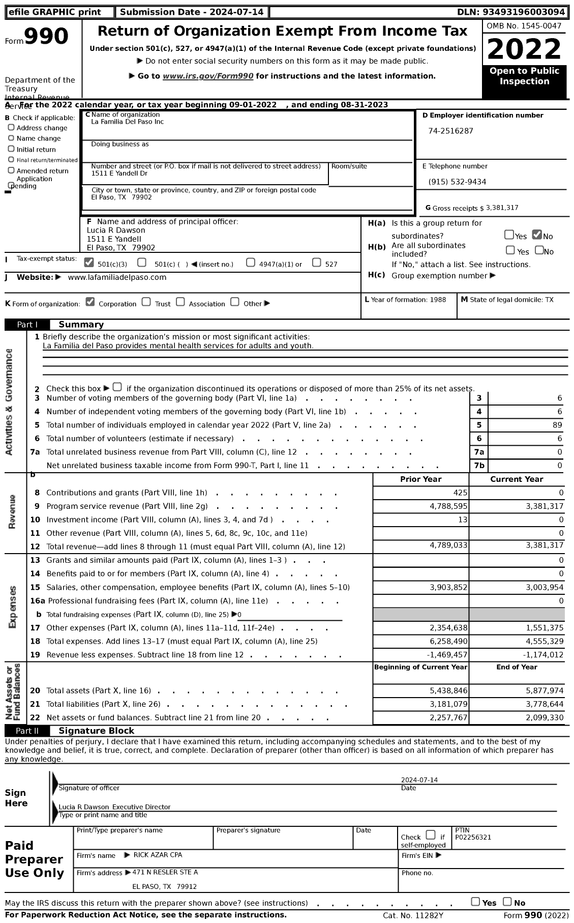 Image of first page of 2022 Form 990 for La Familia Del Paso