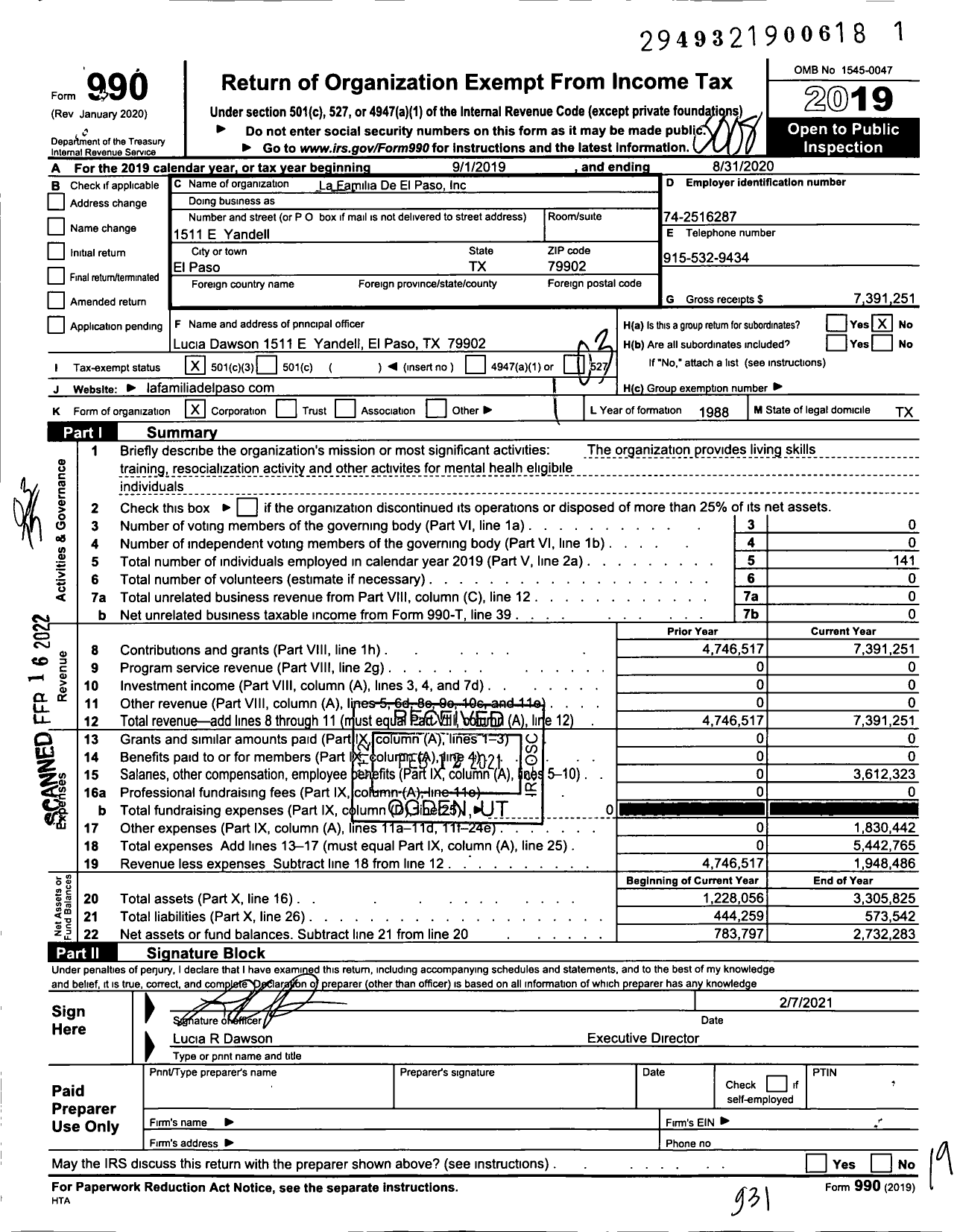 Image of first page of 2019 Form 990 for La Familia Del Paso