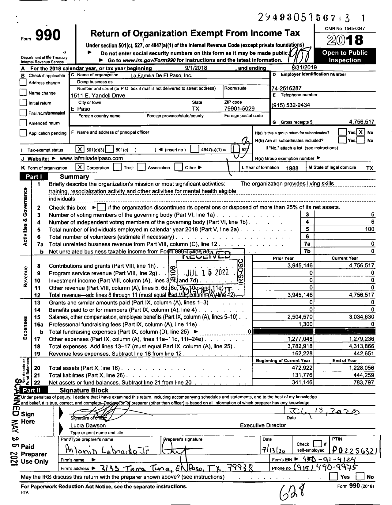 Image of first page of 2018 Form 990 for La Familia Del Paso