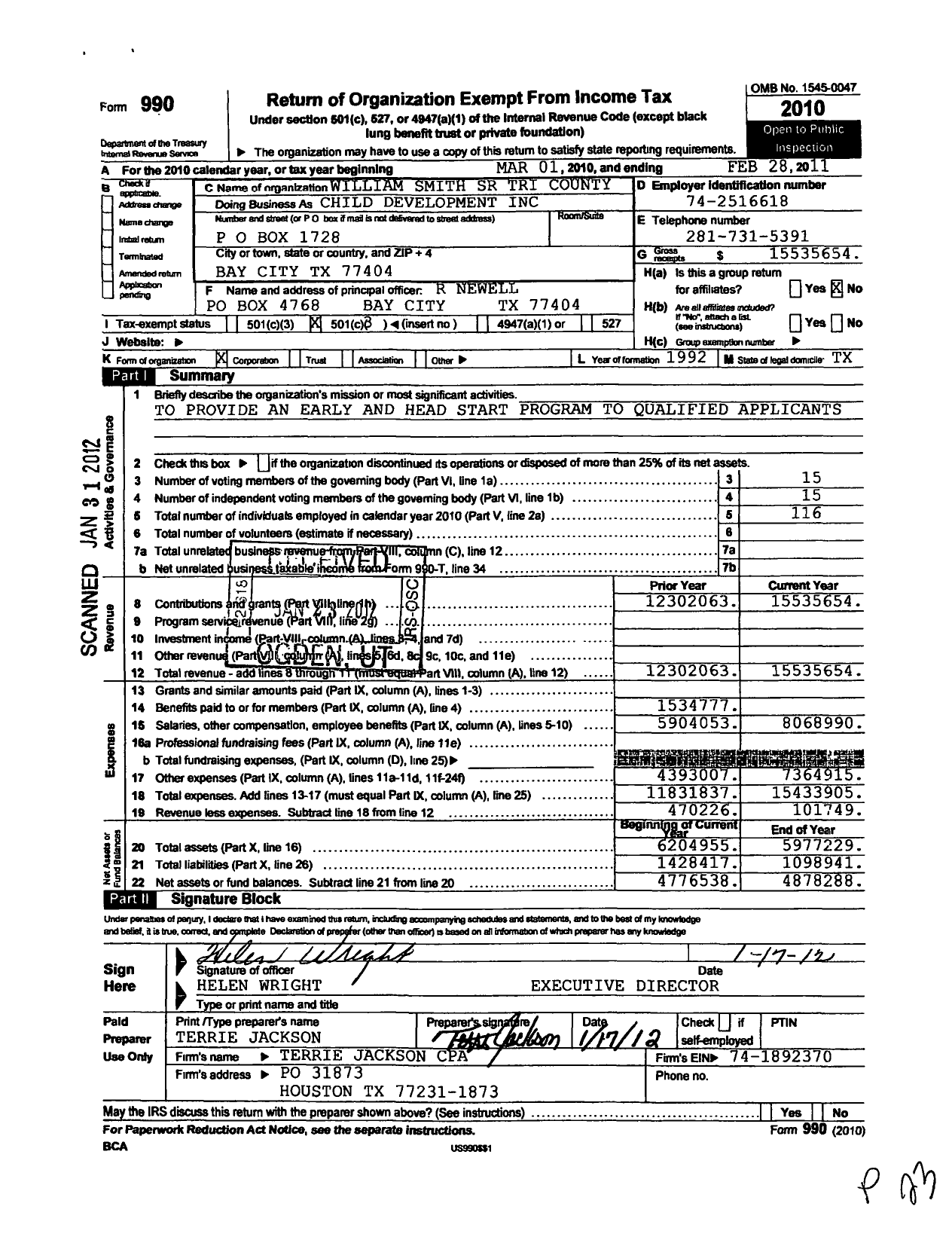 Image of first page of 2010 Form 990O for William Smith Sr Tri County Child Development Council