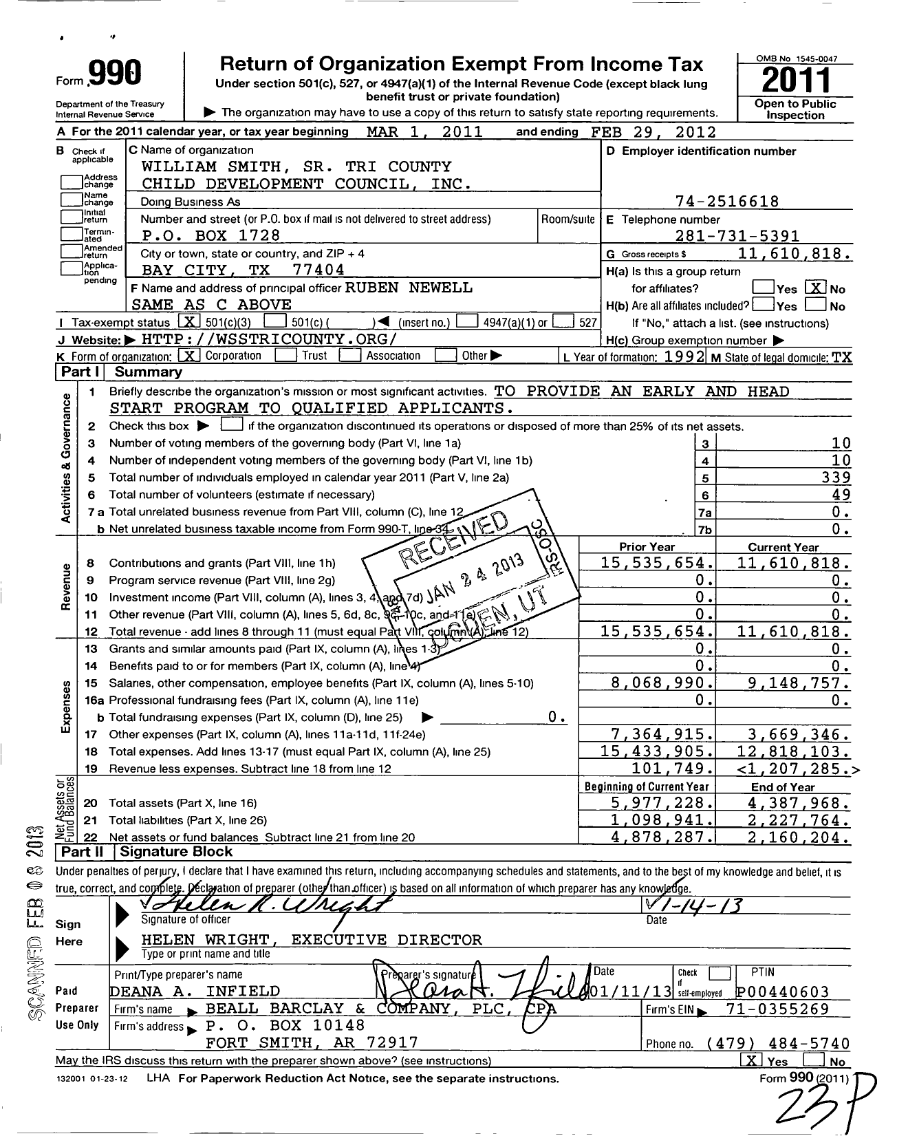 Image of first page of 2011 Form 990 for William Smith Sr Tri County Child Development Council