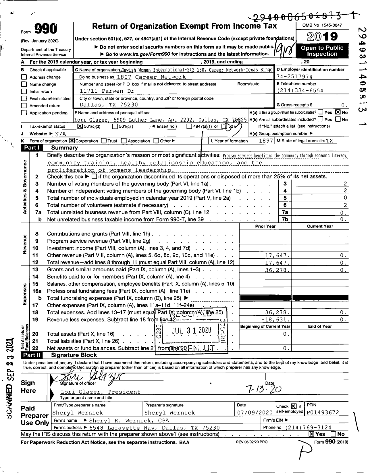 Image of first page of 2019 Form 990 for Jewish Women International-242 1807 Career Network-Texas Bingo - 1807 Career Network