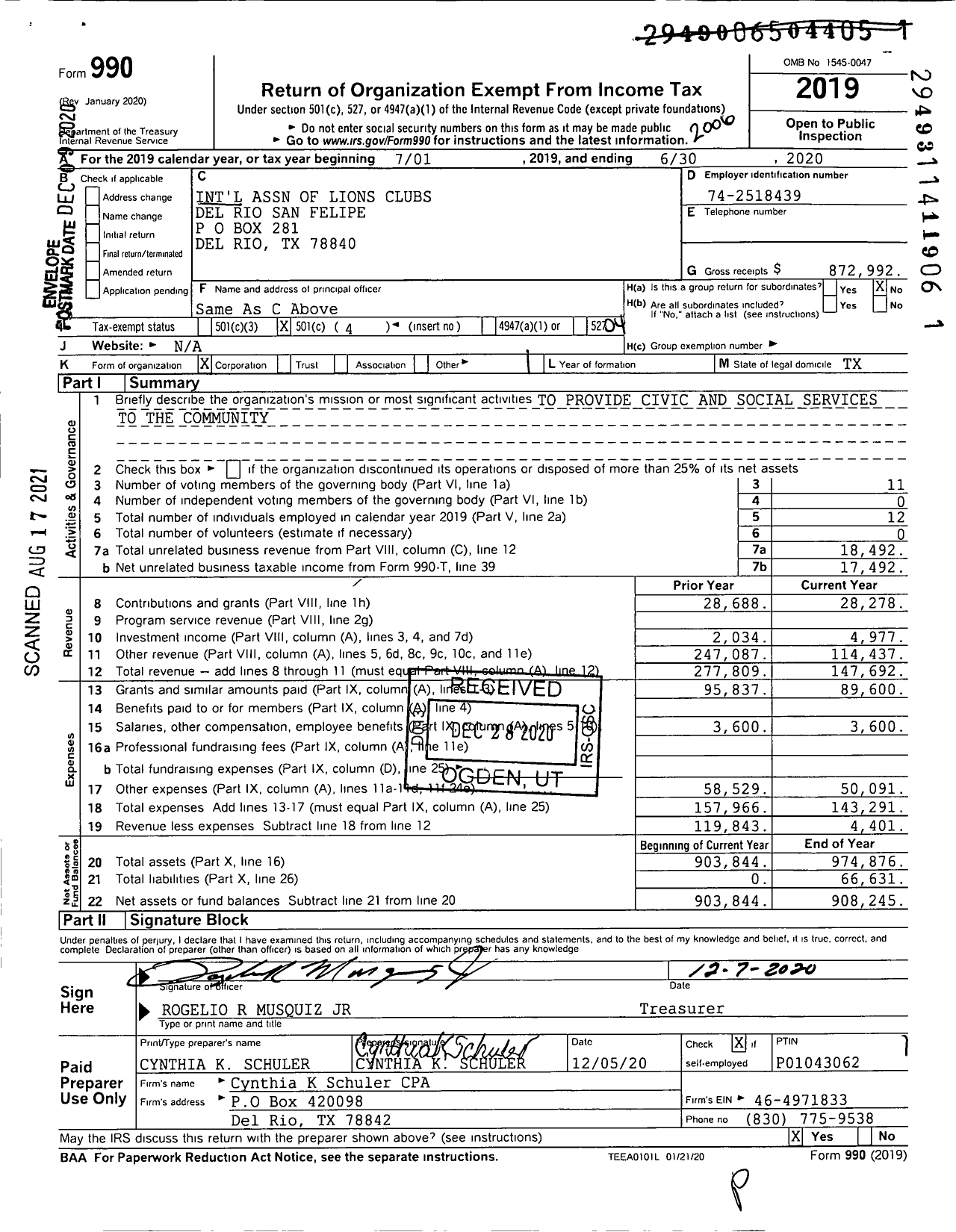 Image of first page of 2019 Form 990O for Lions Clubs - 1225 Del Rio San Felipe